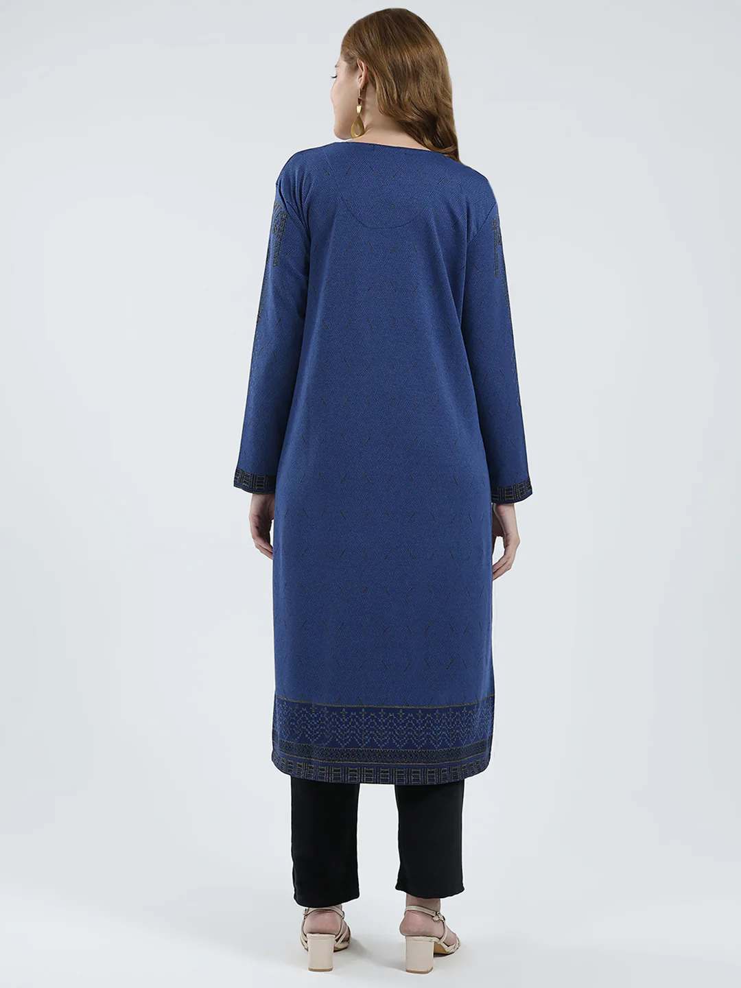 Women Blue Self Design Round Neck Full Sleeve Winter Kurti - Image 5