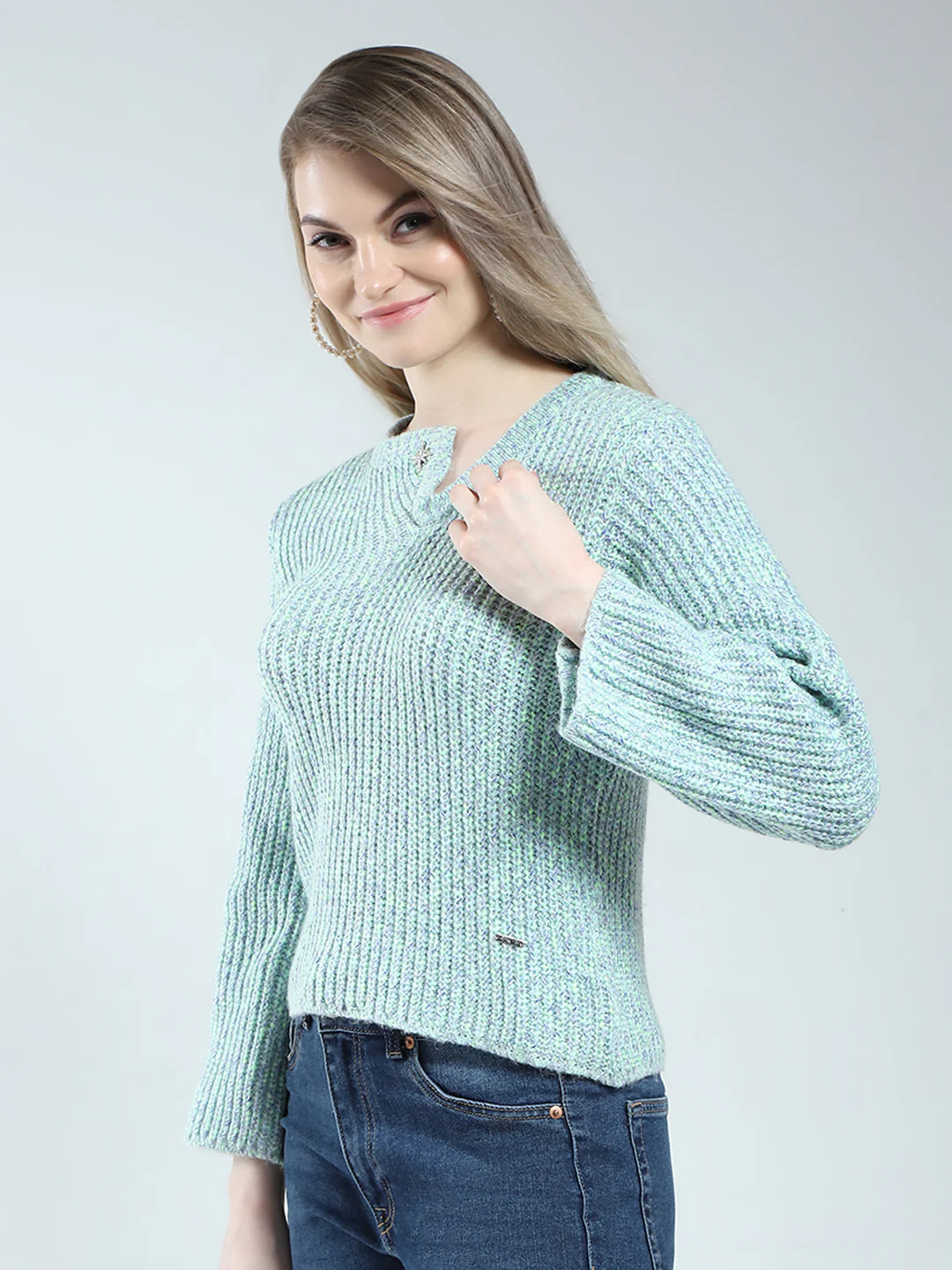Women Blue Self Design Round Neck Full Sleeve Winter Top - Image 3