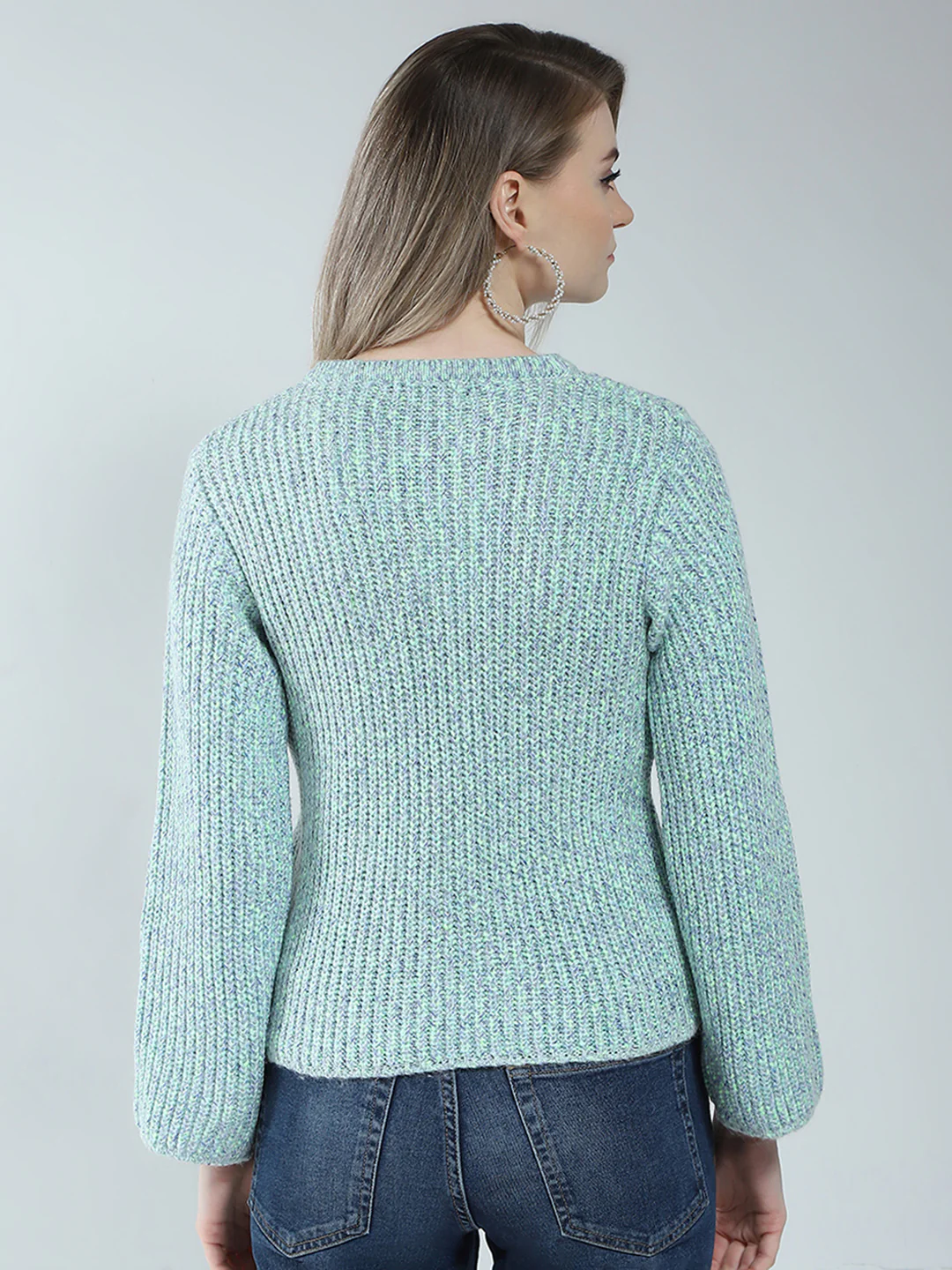 Women Blue Self Design Round Neck Full Sleeve Winter Top - Image 5