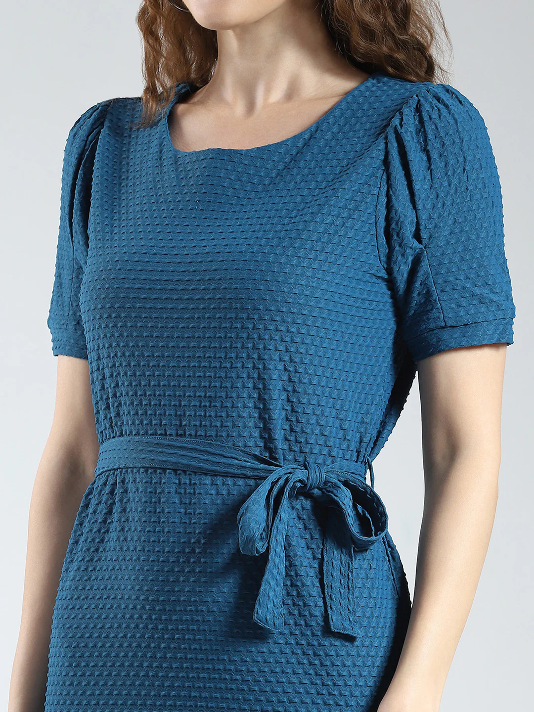 Women Blue Self Design Round Neck Half Sleeve Dress - Image 7