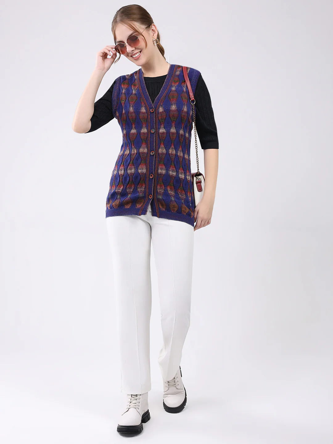Women Blue Self Design V Neck Sleeveless Cardigan - Image 2