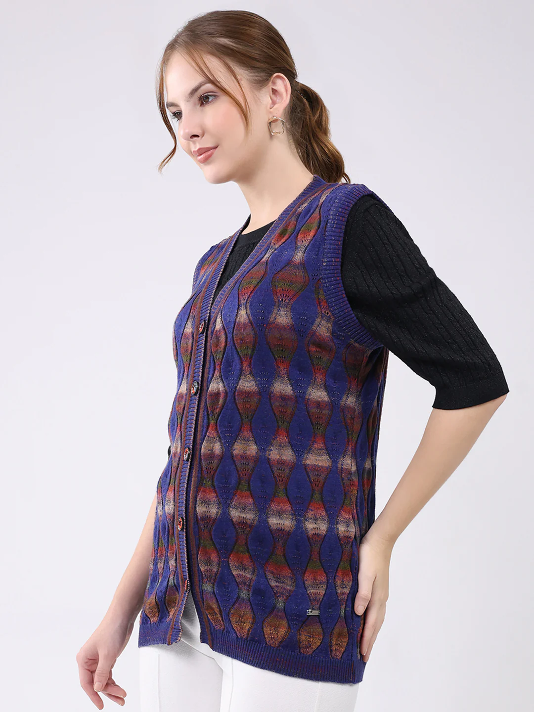 Women Blue Self Design V Neck Sleeveless Cardigan - Image 3