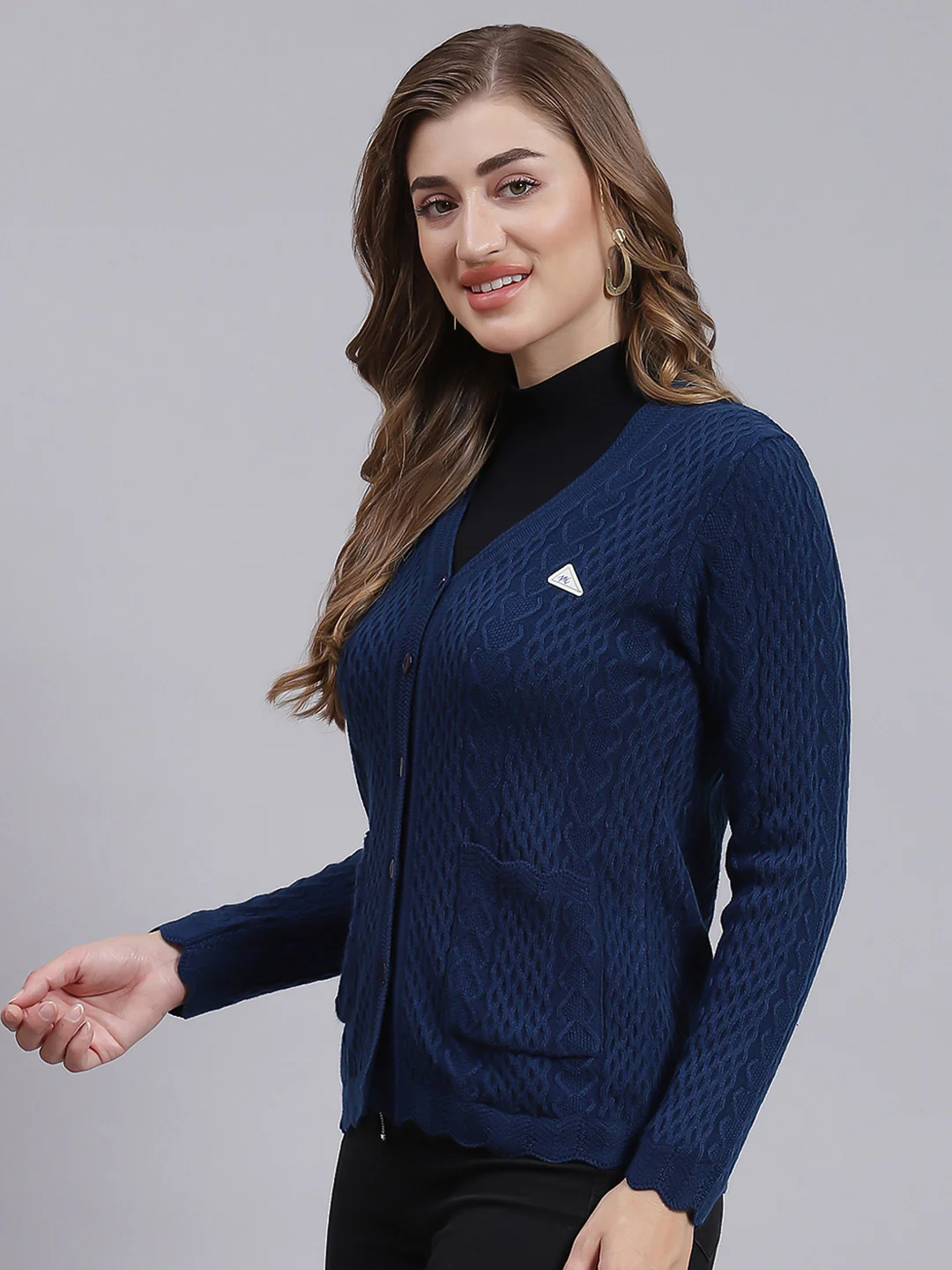 Women Blue Self Design Wool blend Cardigan - Image 3