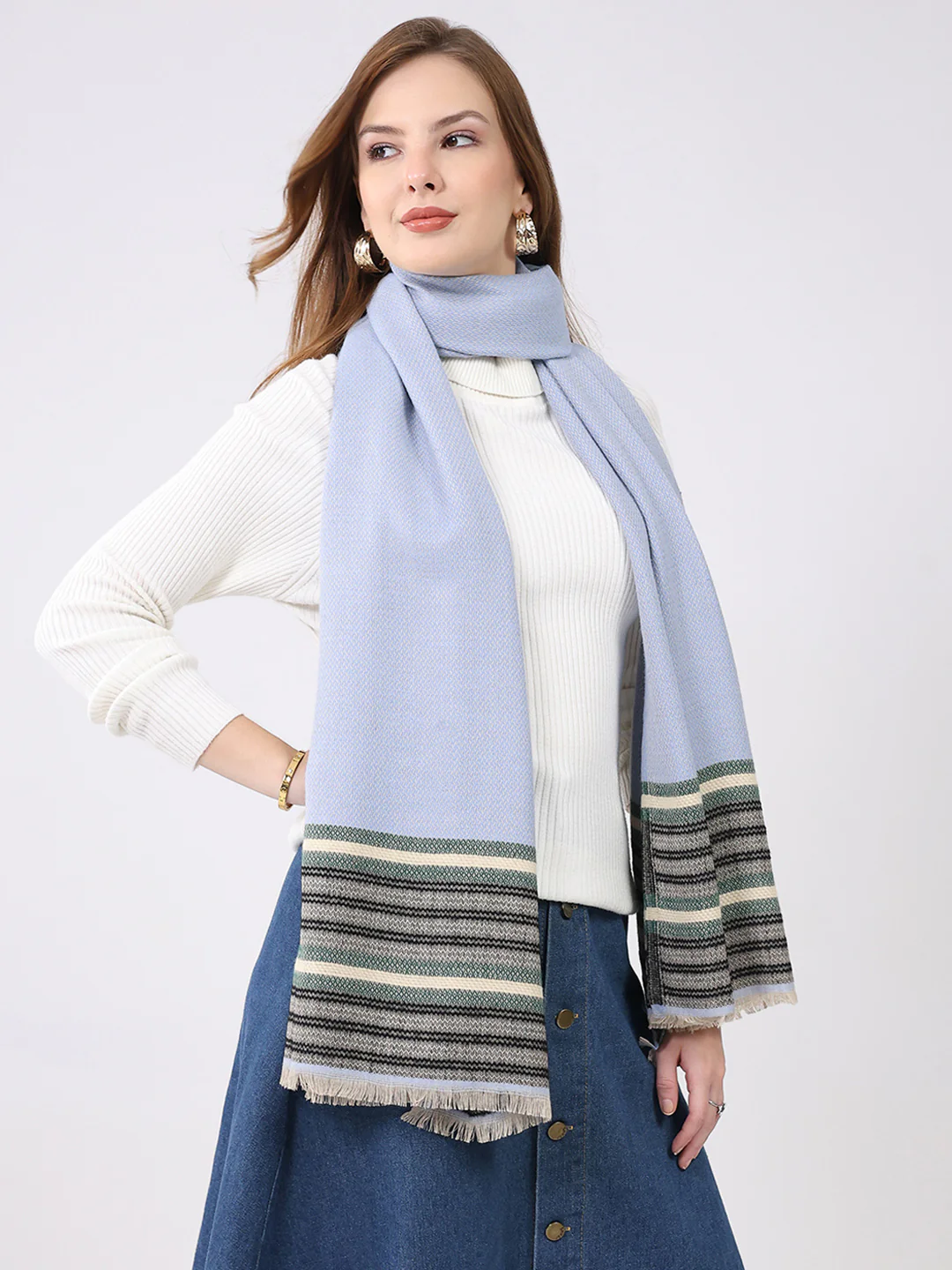 Women Blue Self Design Wool Stole - Image 5