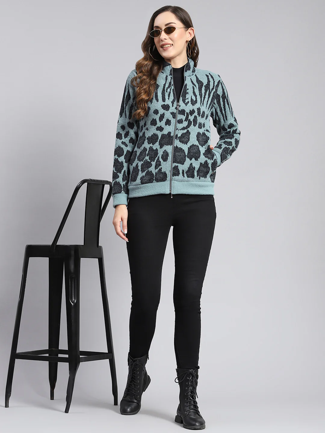 Women Blue Self Design F Neck Full Sleeve Sweatshirts - Image 2