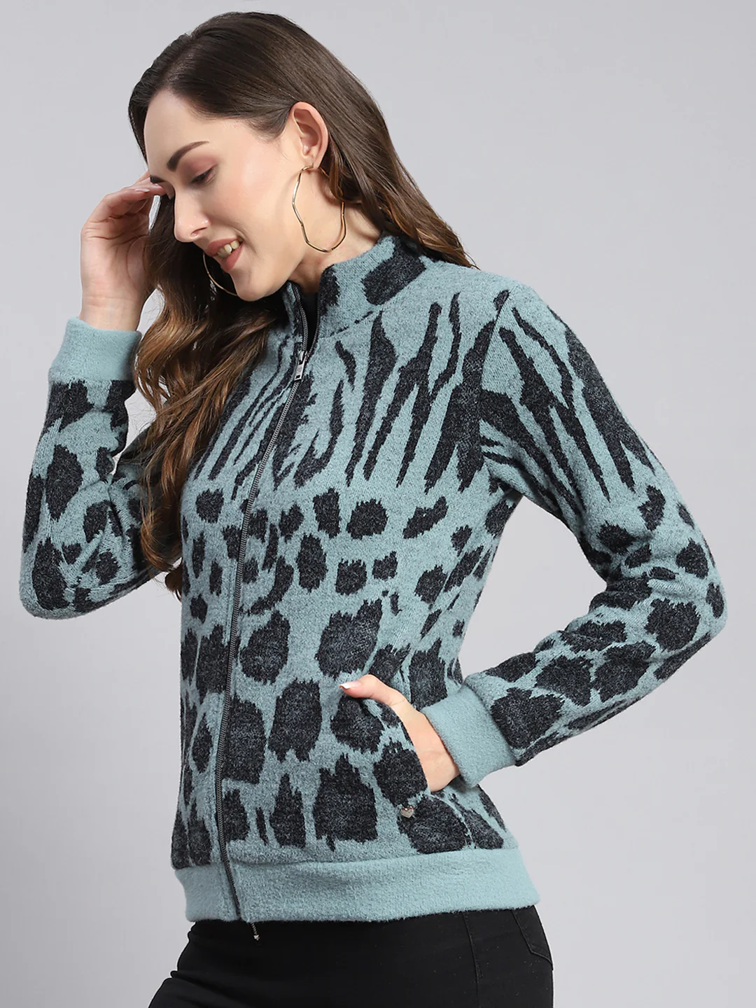 Women Blue Self Design F Neck Full Sleeve Sweatshirts - Image 3