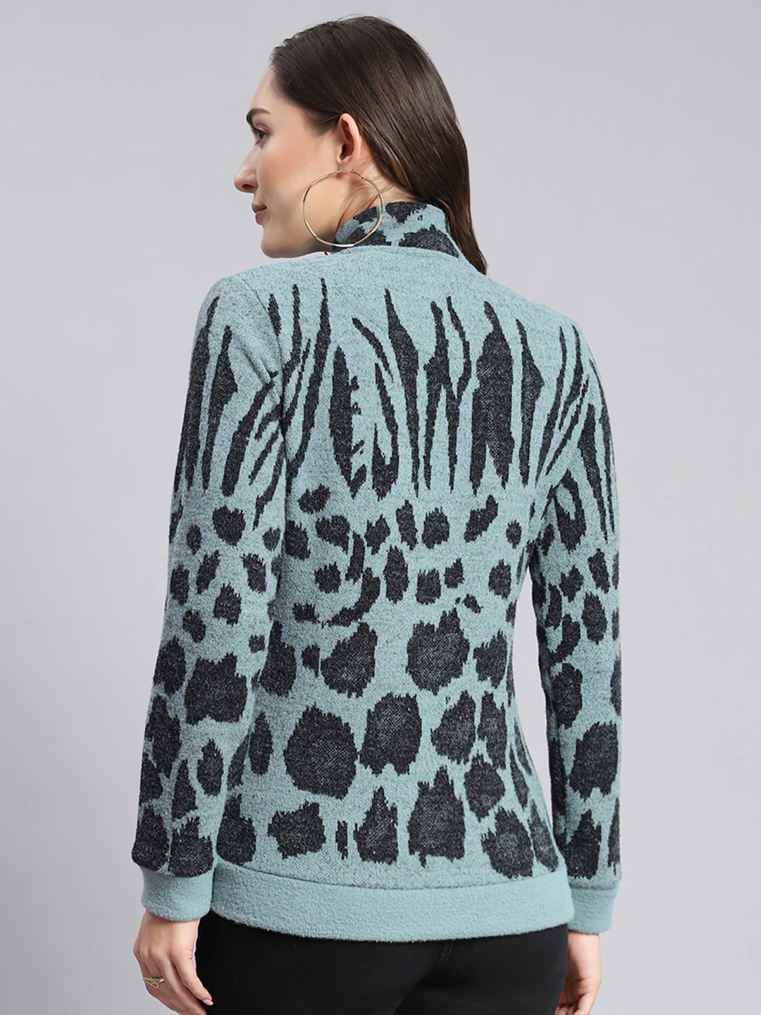 Women Blue Self Design F Neck Full Sleeve Sweatshirts - Image 5
