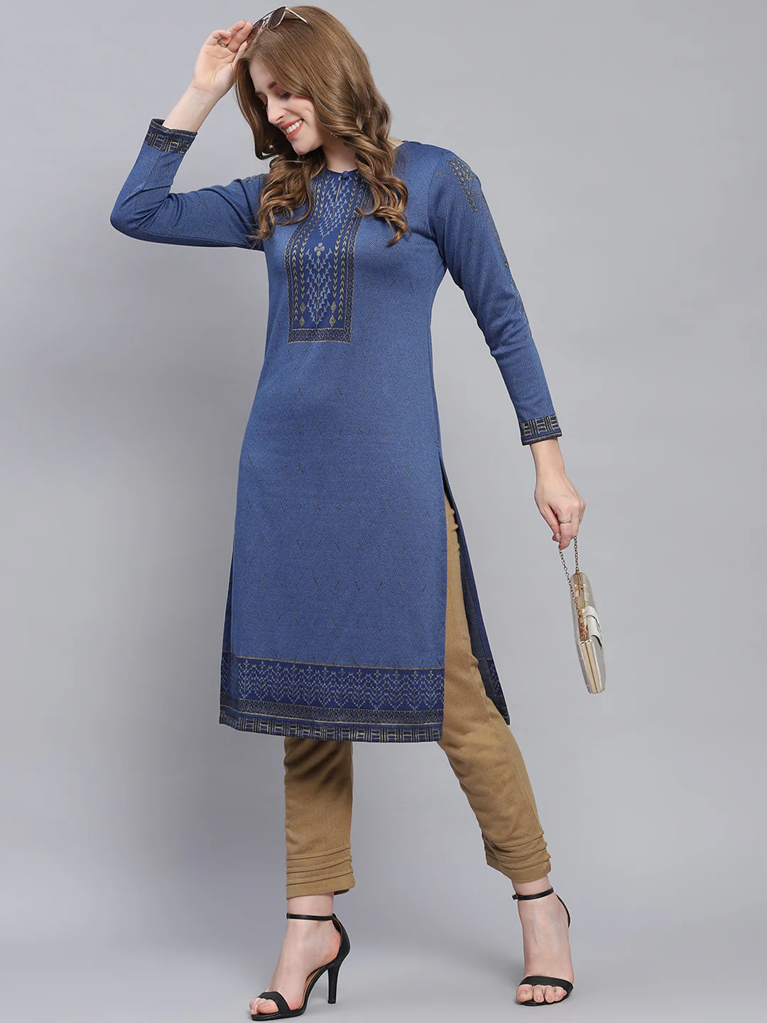 Women Blue Self Design Round Neck Full Sleeve Kurtis - Image 3