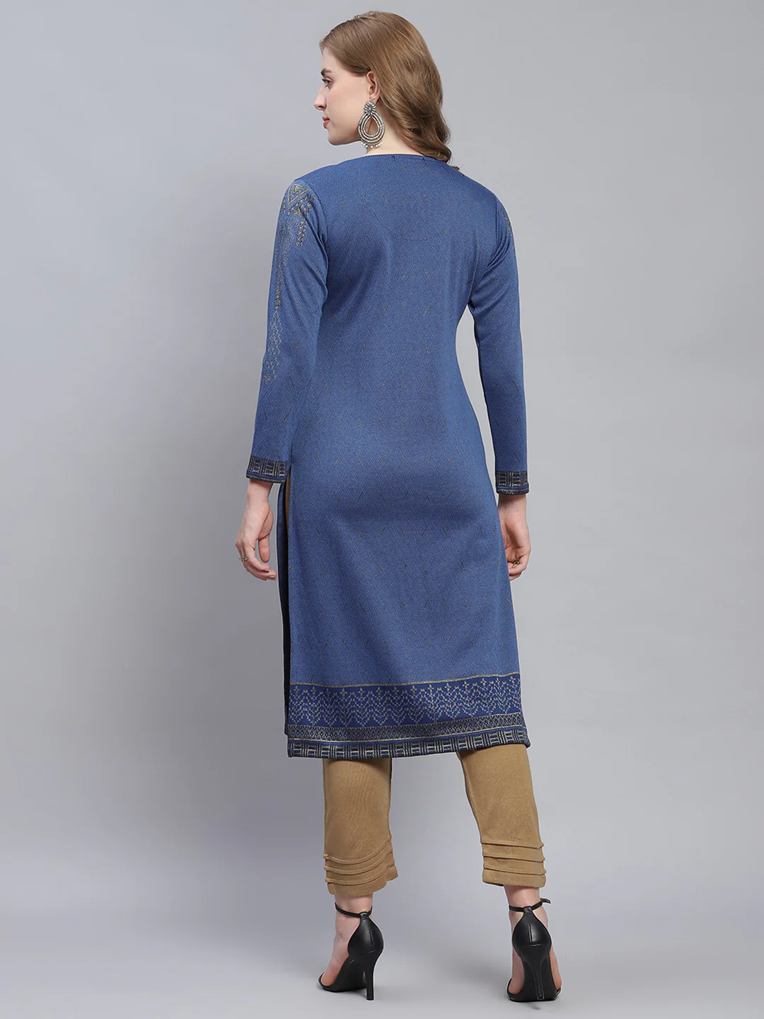 Women Blue Self Design Round Neck Full Sleeve Kurtis - Image 6