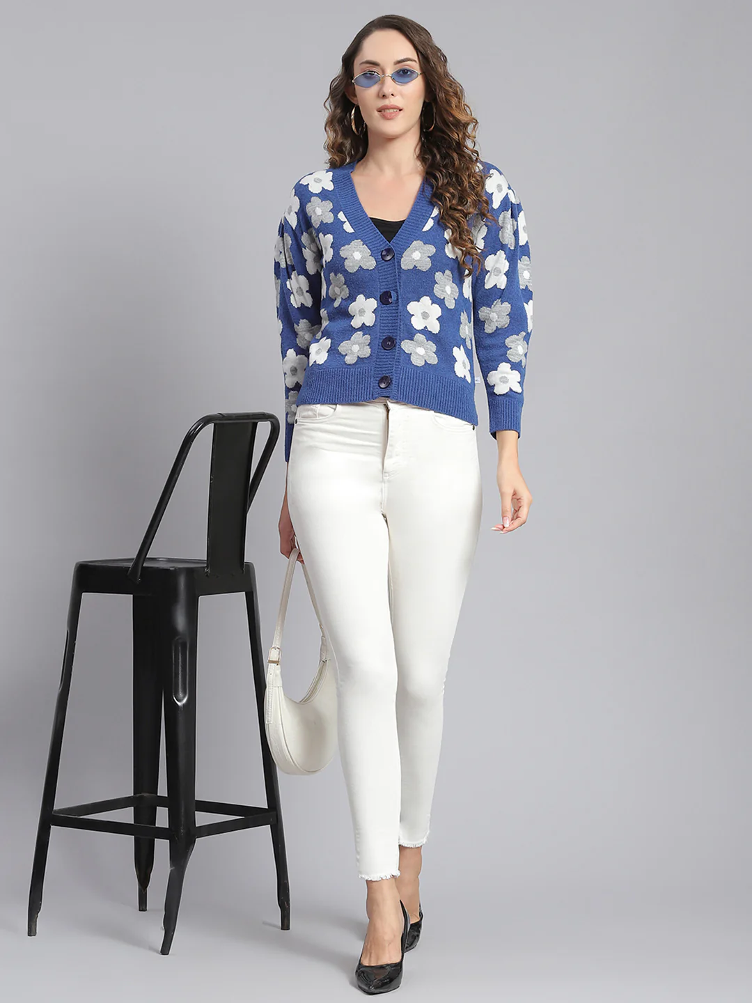 Women Blue Self Design V Neck Full Sleeve Cardigans - Image 2