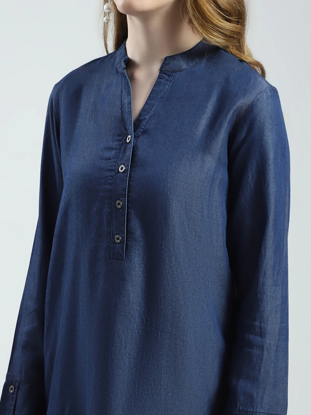 Women Blue Solid Band Collar Full Sleeve Top - Image 7