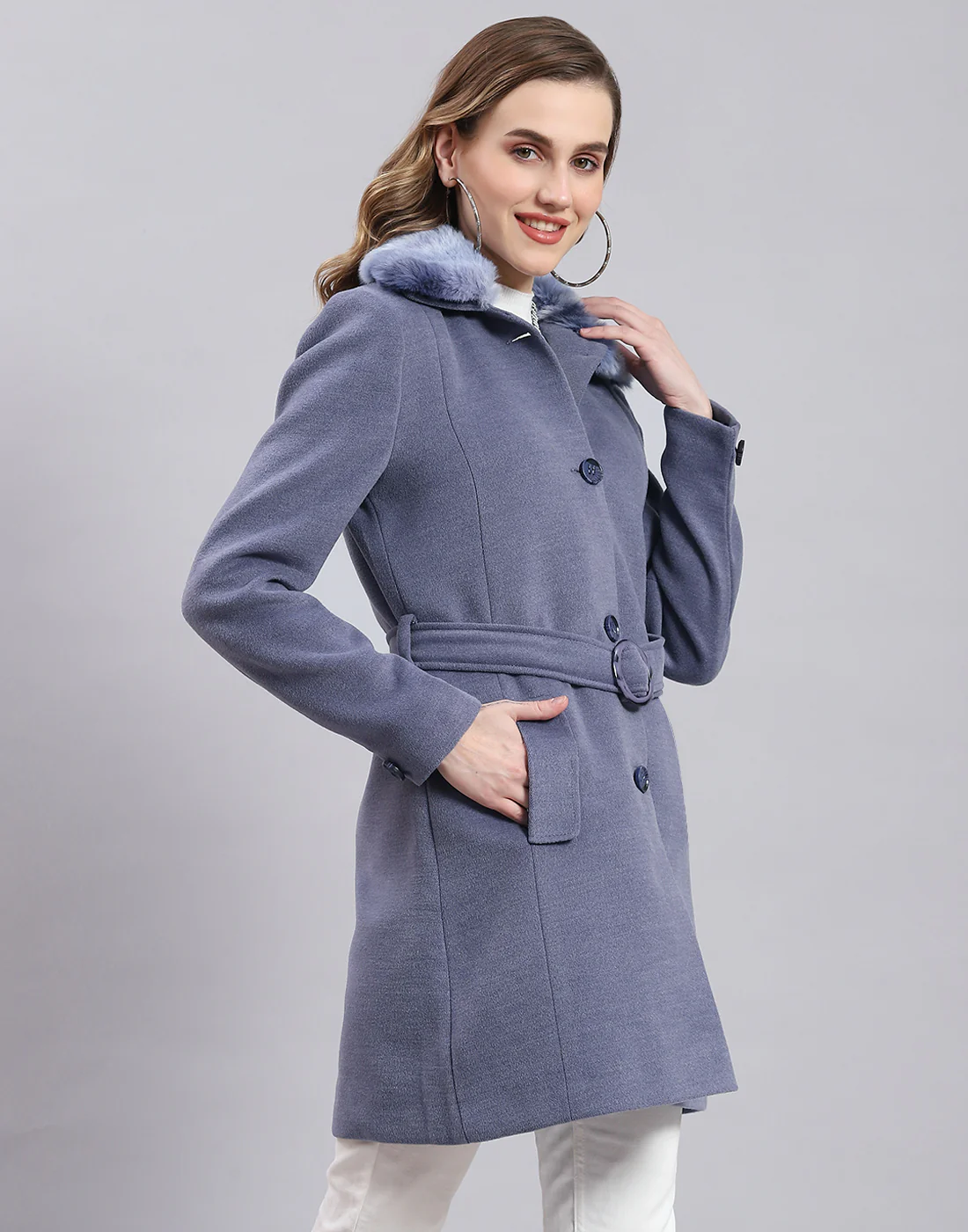 Women Blue Solid Collar Full Sleeve Coat - Image 4