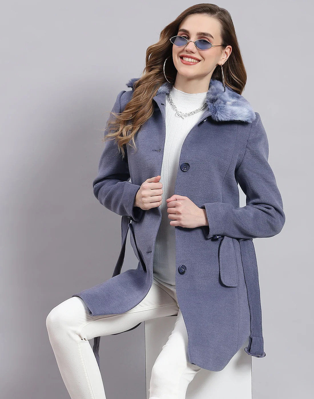 Women Blue Solid Collar Full Sleeve Coat - Image 6