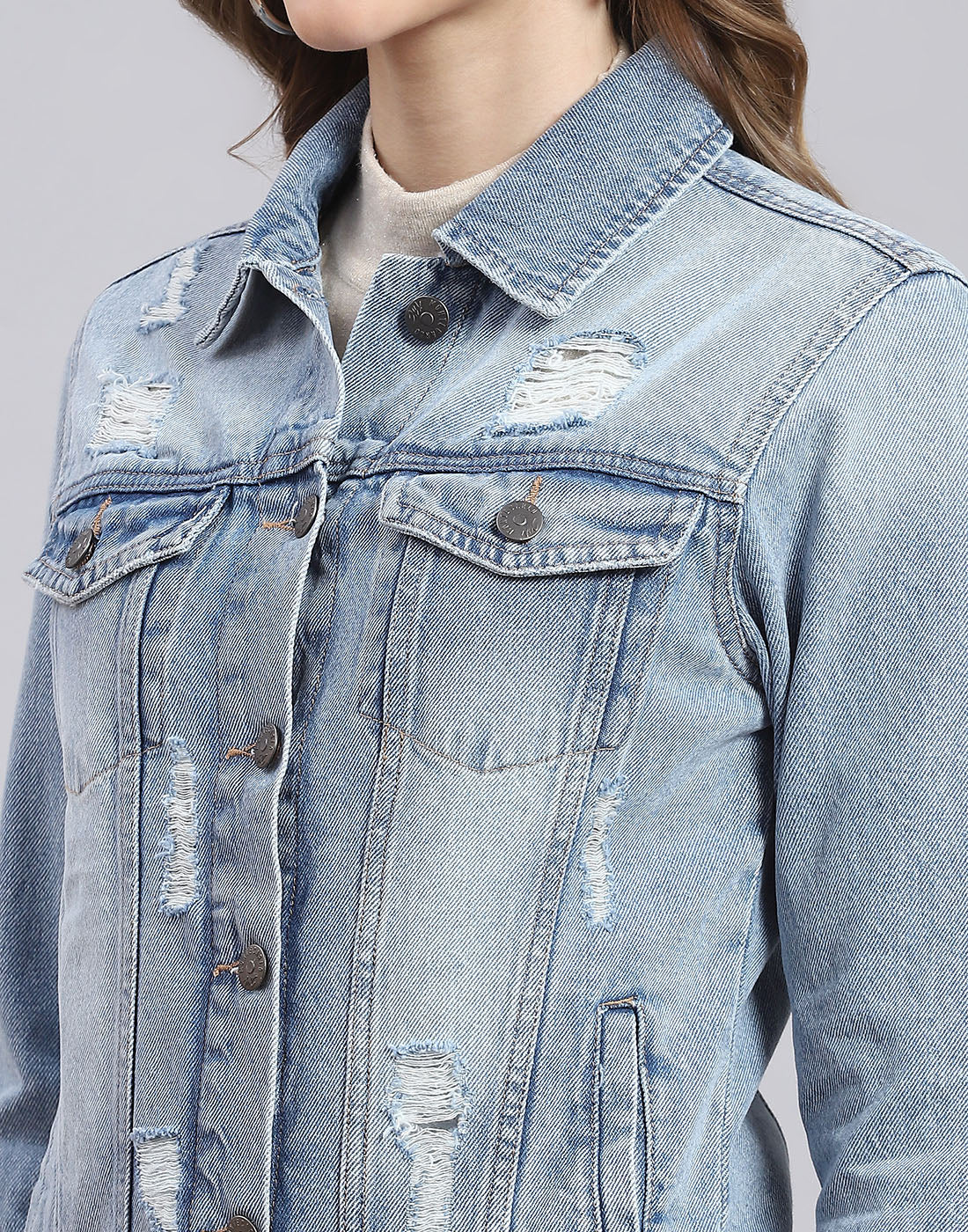 Women Blue Solid Collar Full Sleeve Jacket - Image 6