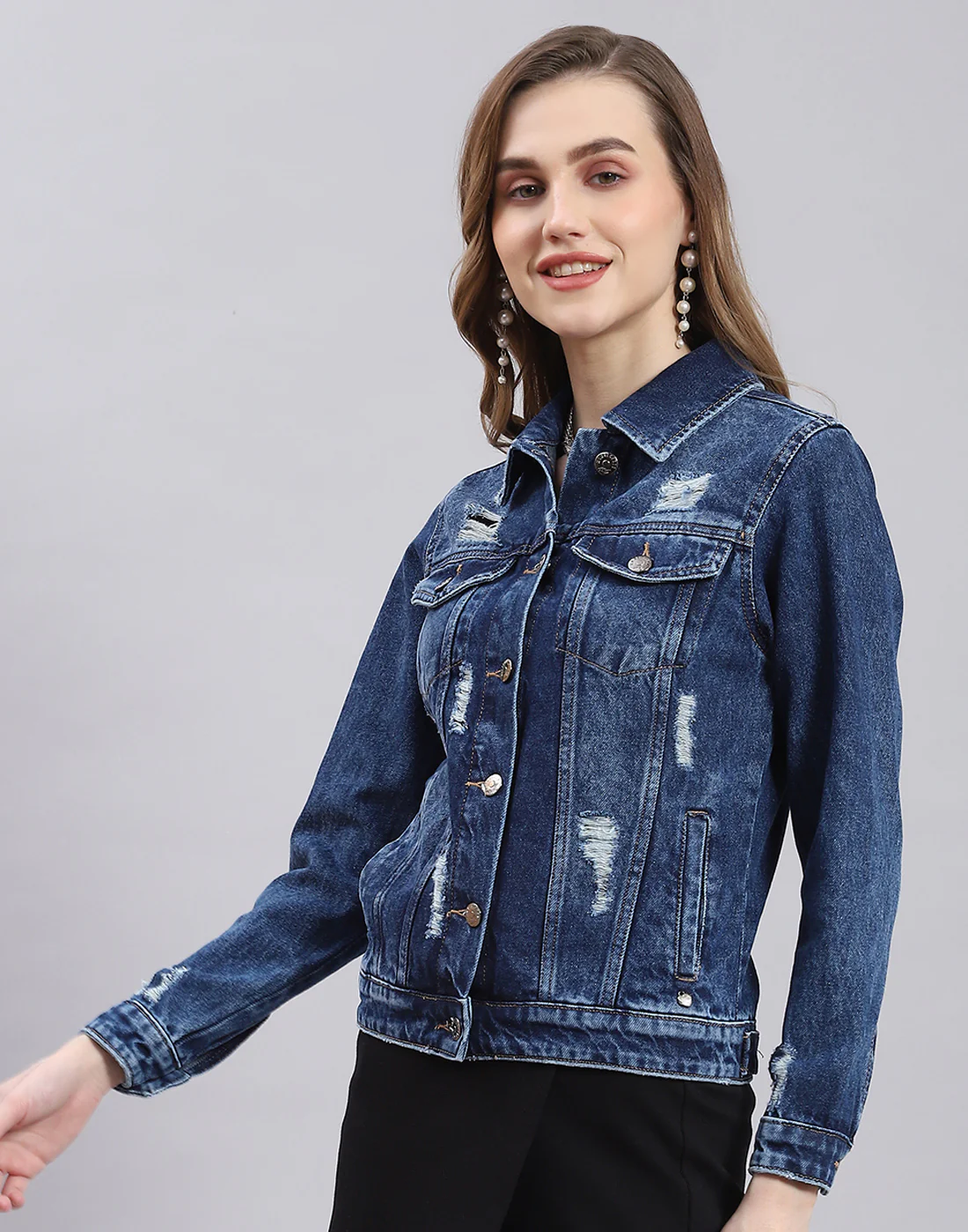 Women Blue Solid Collar Full Sleeve Jacket - Image 3