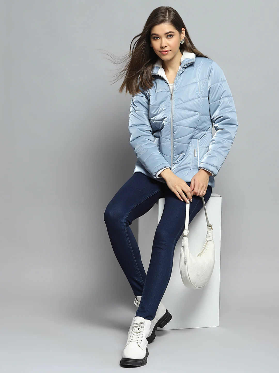 Women Blue Solid Collar Full Sleeve Jacket - Image 2