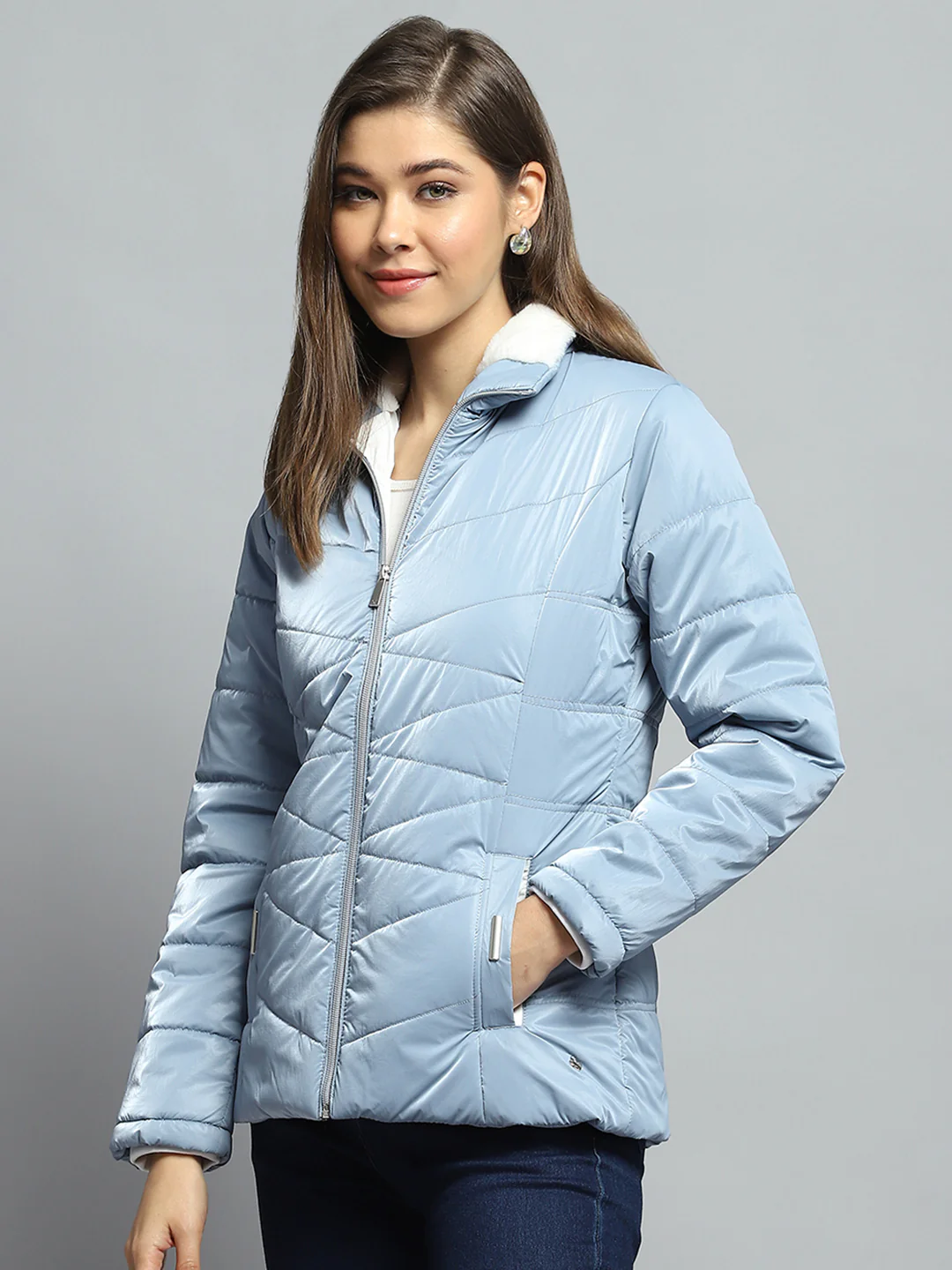 Women Blue Solid Collar Full Sleeve Jacket - Image 3