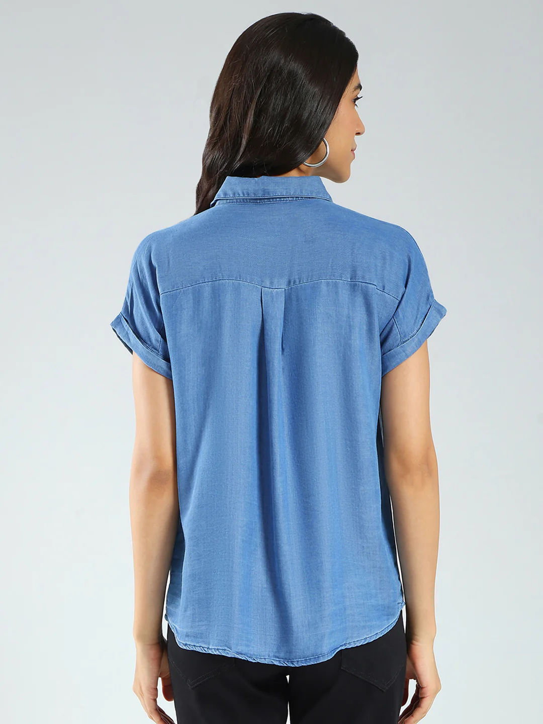 Women Blue Solid Collar Half Sleeve Top - Image 5