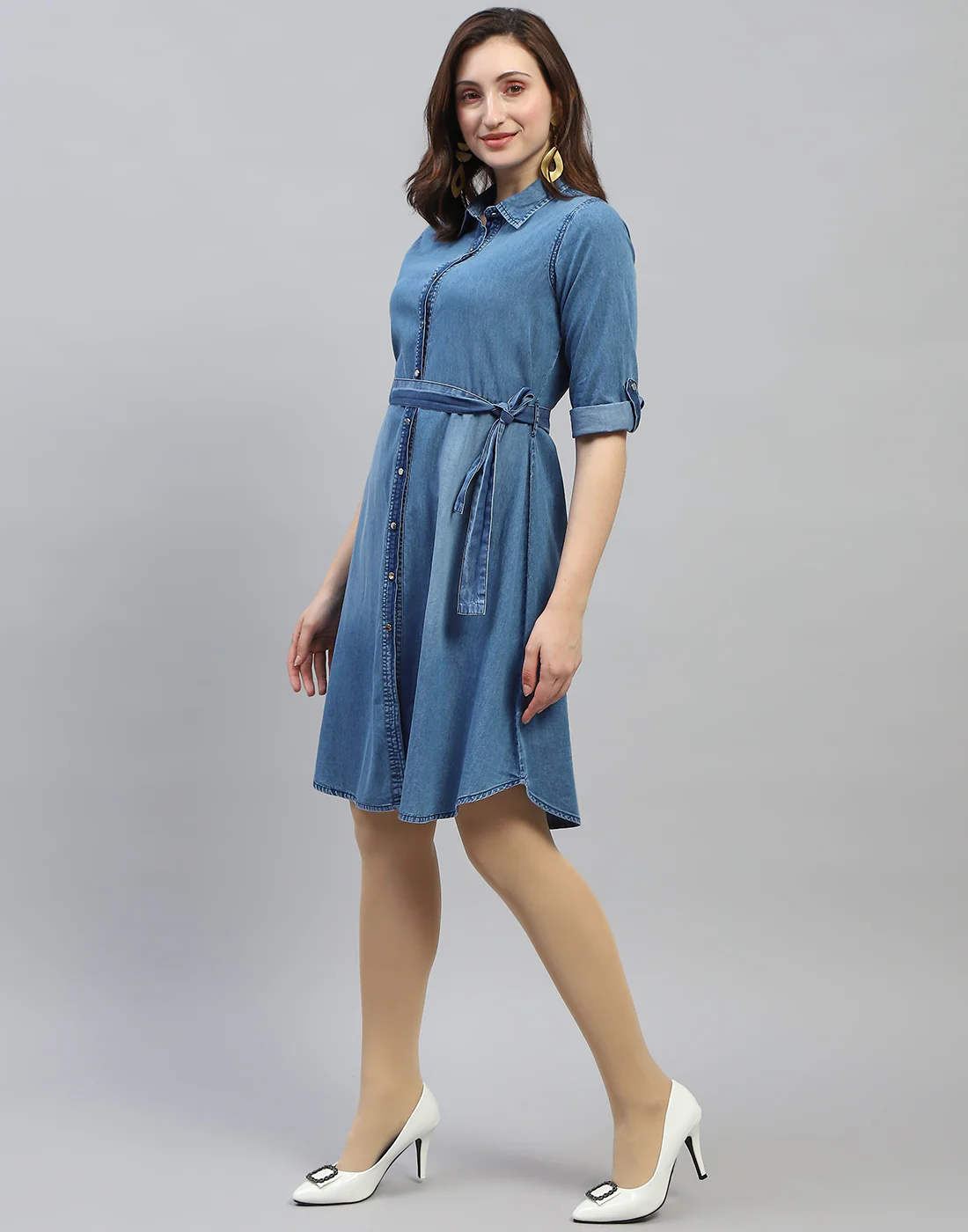 Women Blue Solid Collar Neck 3/4 Sleeve Dress - Image 4