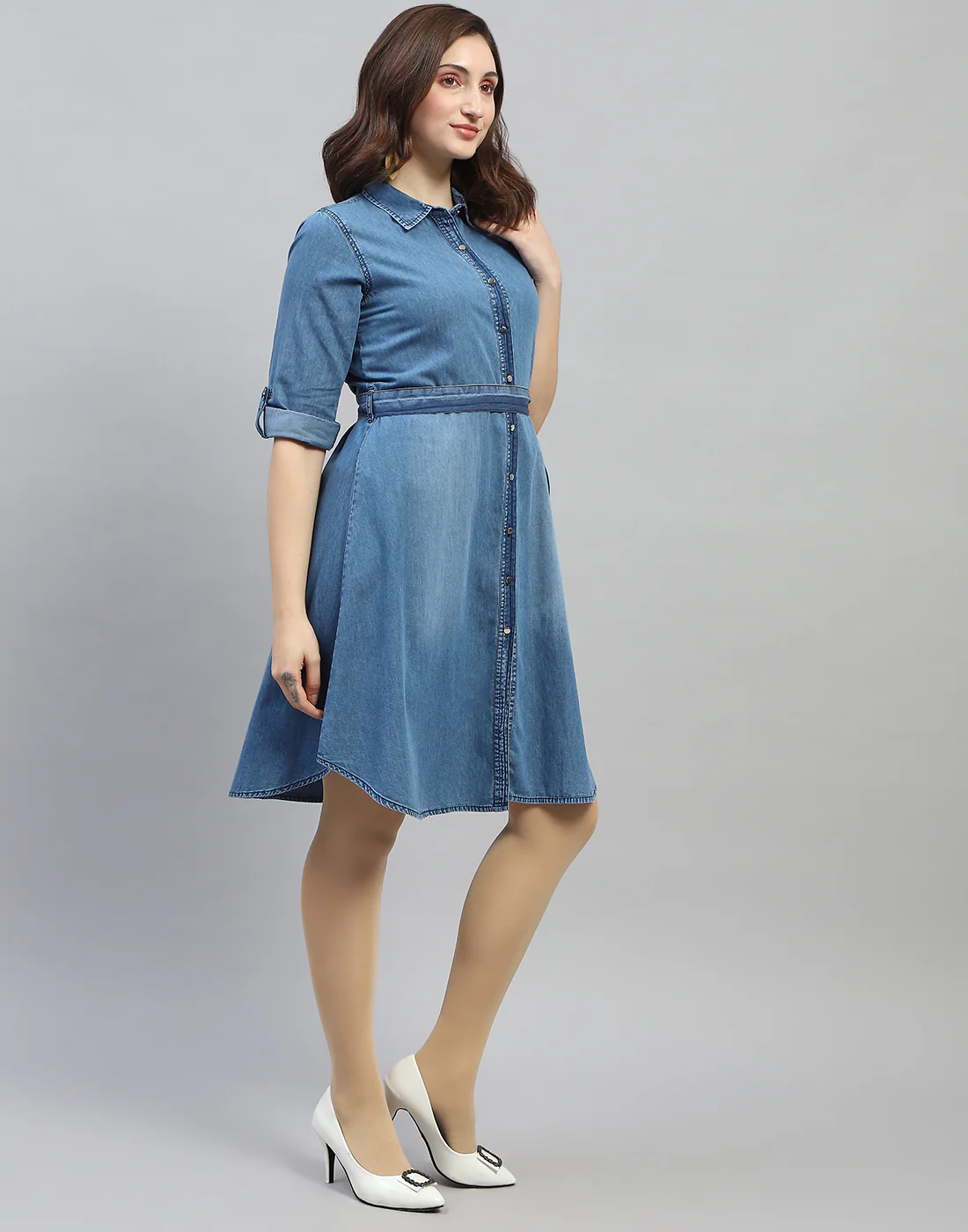 Women Blue Solid Collar Neck 3/4 Sleeve Dress - Image 5