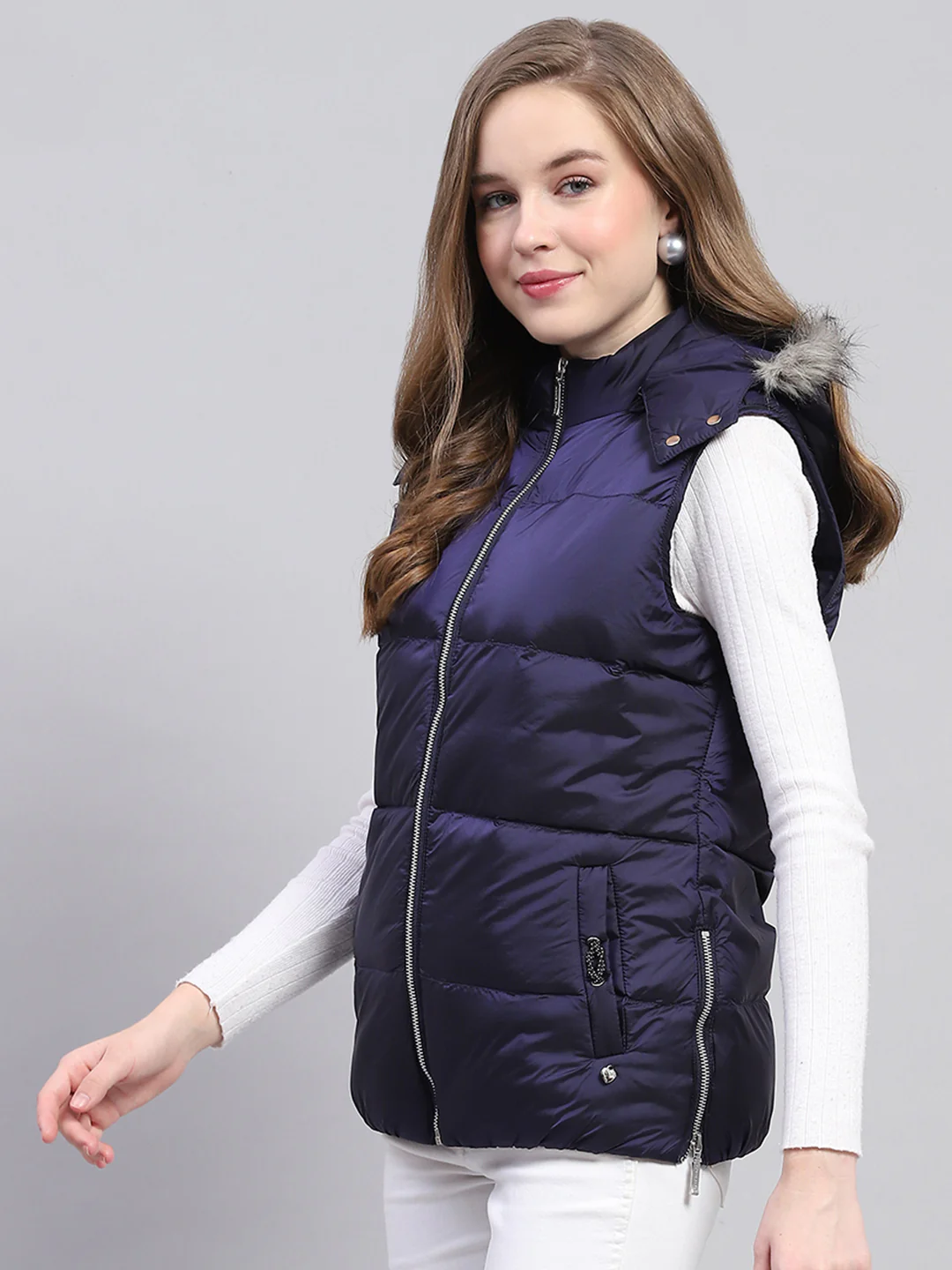 Women Blue Solid Detachable Hood Sleeveless Jacket - Image 3