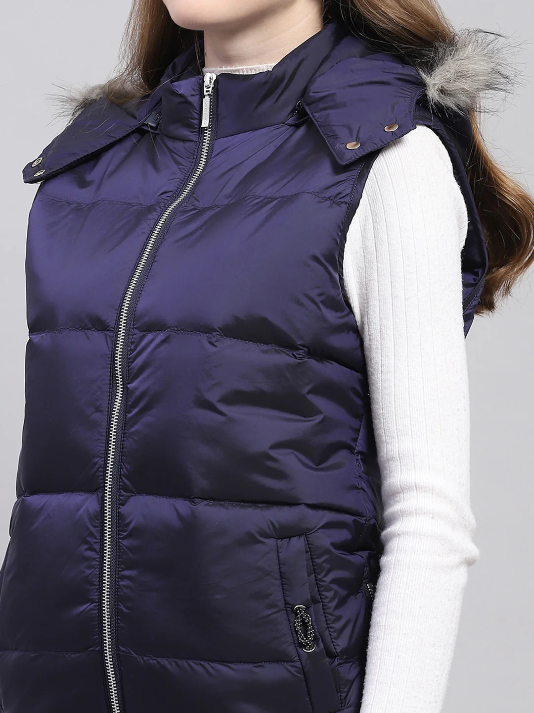 Women Blue Solid Detachable Hood Sleeveless Jacket - Image 7