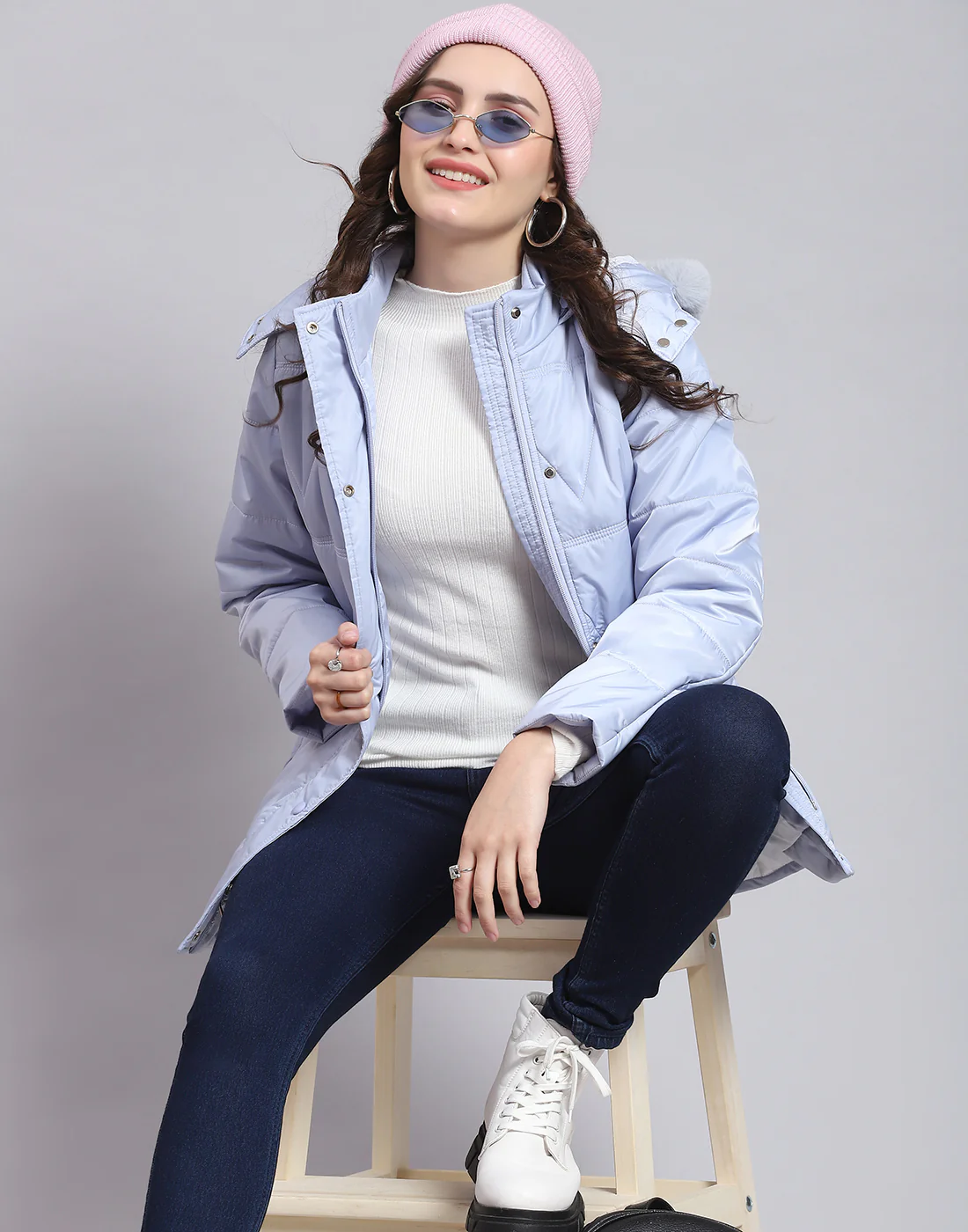 Women Blue Solid Hooded Full Sleeve Jacket - Image 2