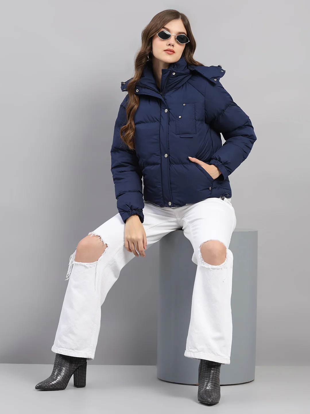 Women Blue Solid Hooded Full Sleeve Jacket - Image 2