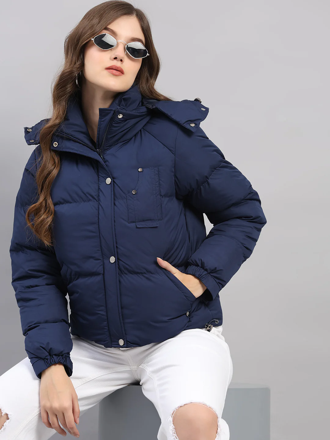 Women Blue Solid Hooded Full Sleeve Jacket - Image 6