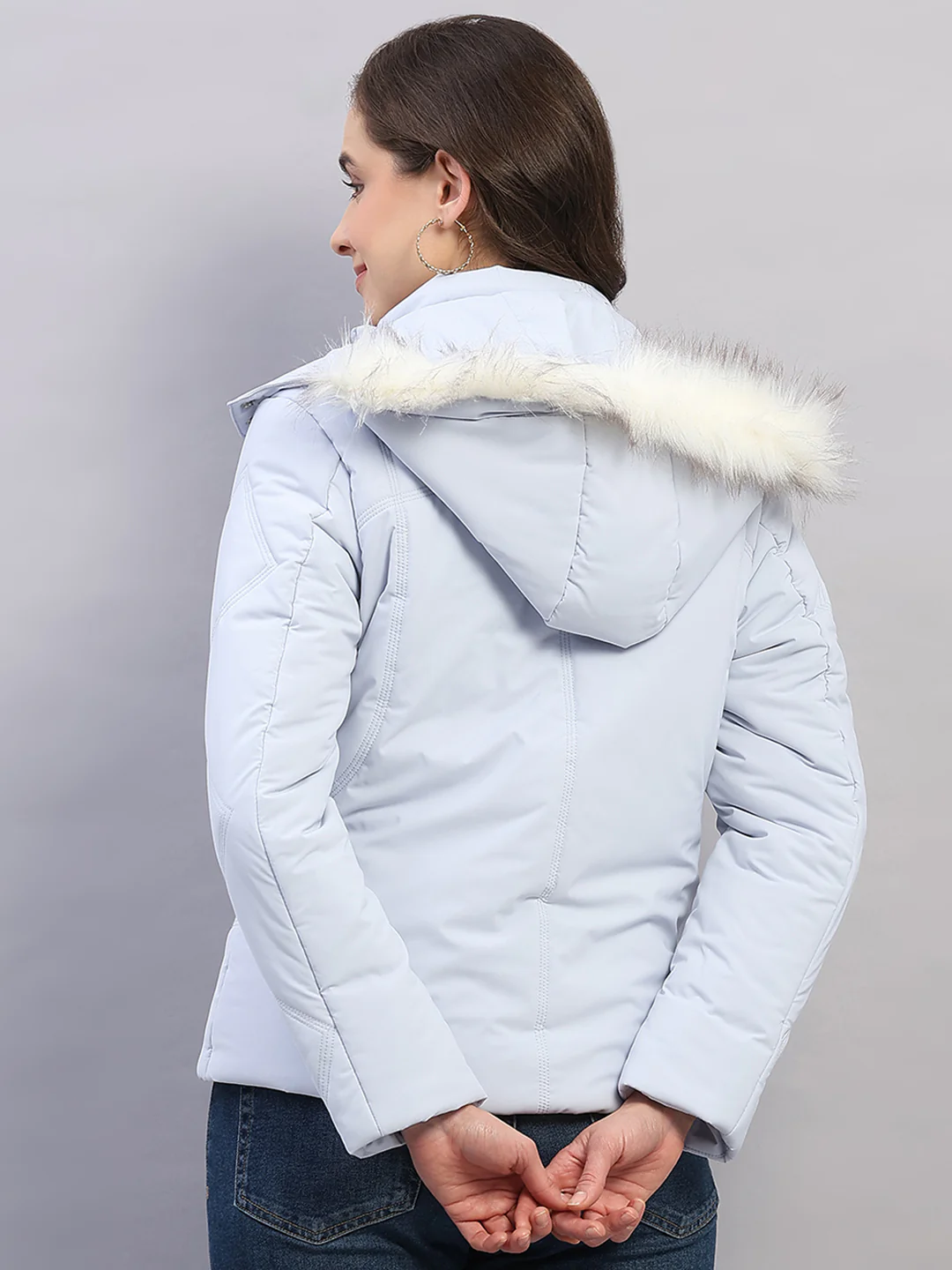 Women Blue Solid Hooded Full Sleeve Jacket - Image 5