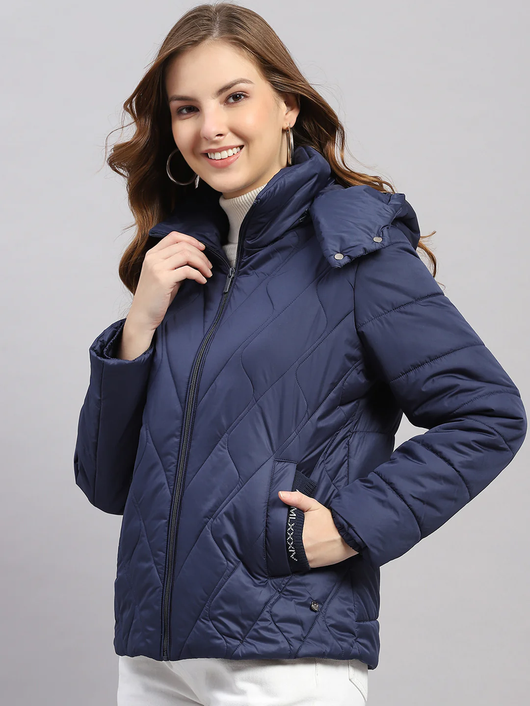 Women Blue Solid Hooded Full Sleeve Jacket - Image 3