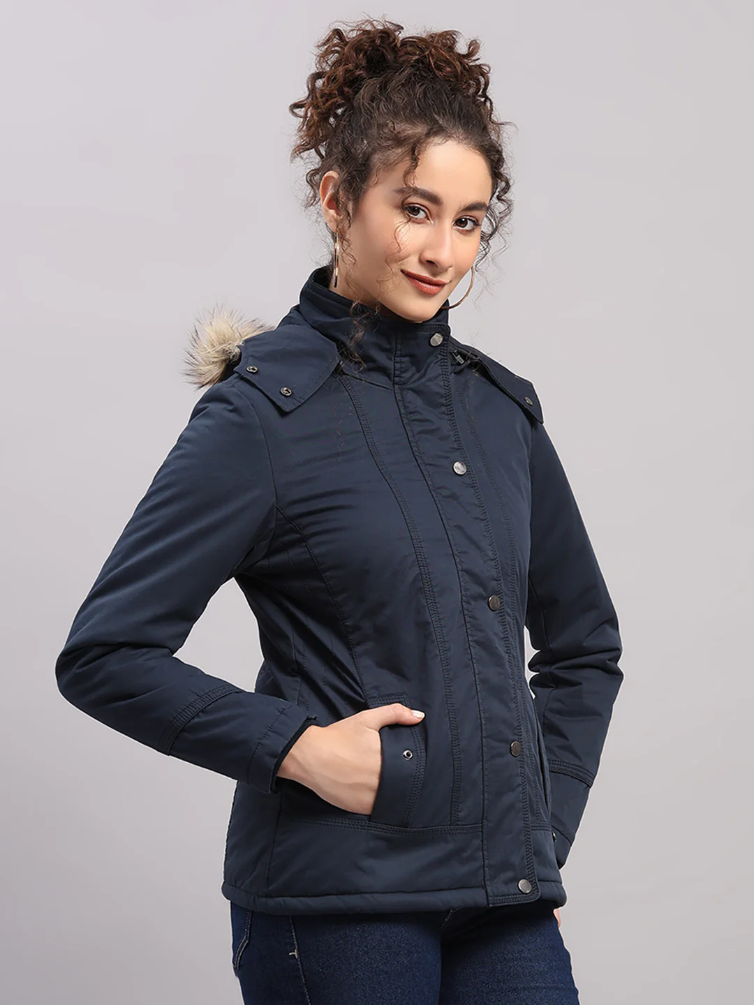 Women Blue Solid Hooded Full Sleeve Jacket - Image 4