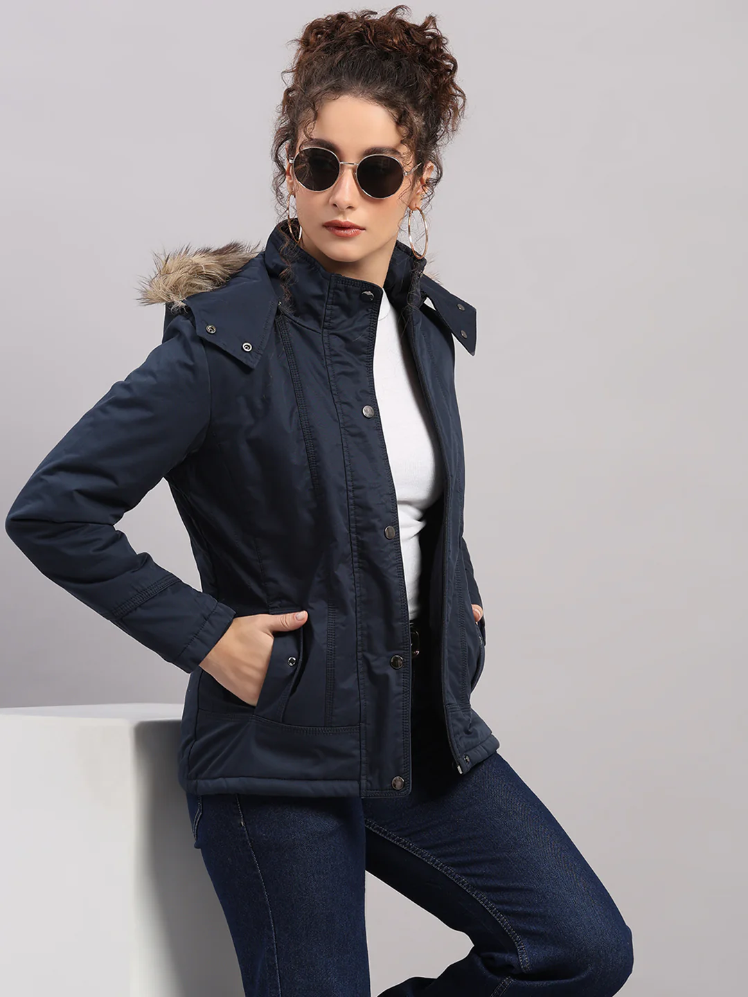 Women Blue Solid Hooded Full Sleeve Jacket - Image 6