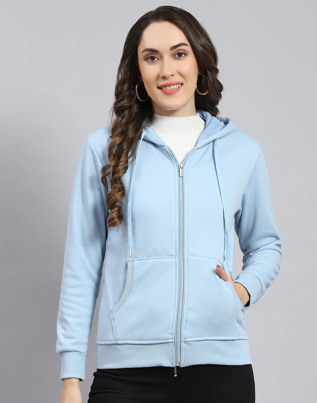Women Blue Solid Hooded Full Sleeve Sweatshirt - Image 2