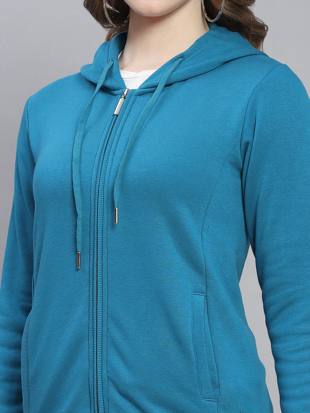 Women Blue Solid Hooded Full Sleeve Sweatshirts - Image 6
