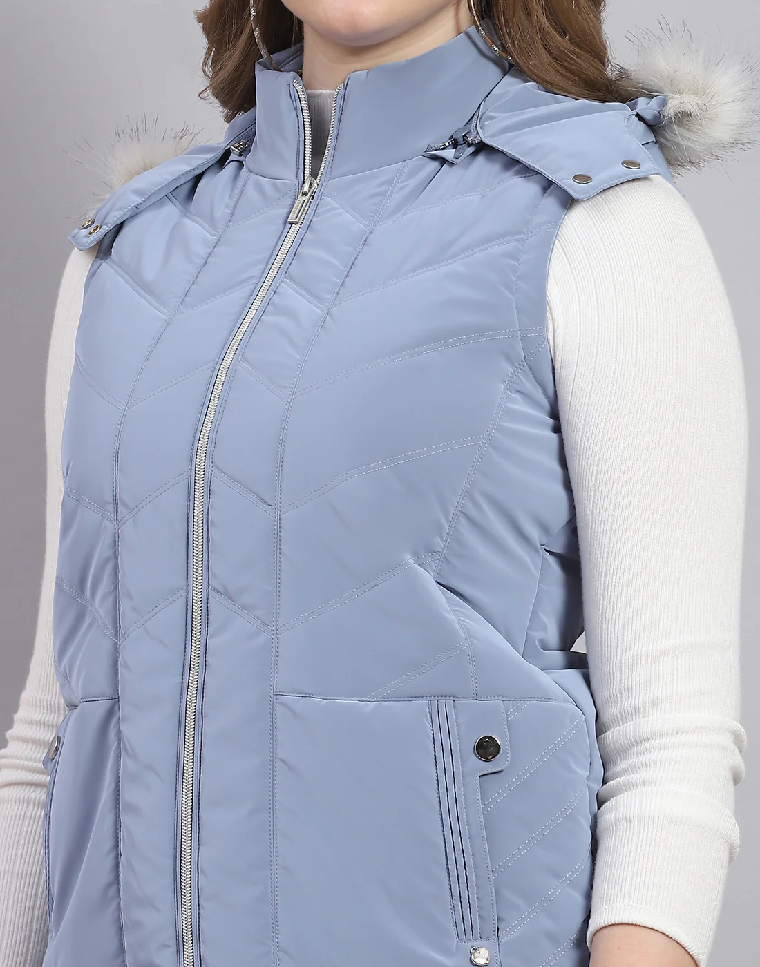 Women Blue Solid Hooded Sleeveless Jacket - Image 6
