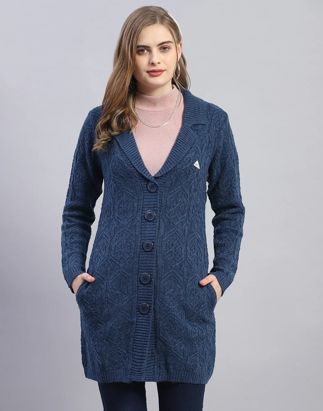 Women Blue Solid Lapel Collar Full Sleeve Cardigan - Image 2
