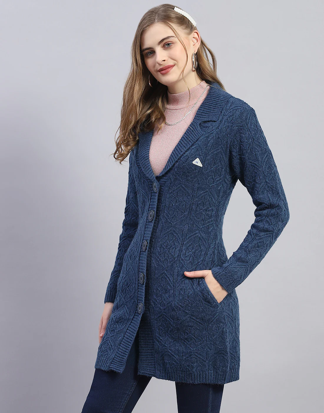 Women Blue Solid Lapel Collar Full Sleeve Cardigan - Image 3