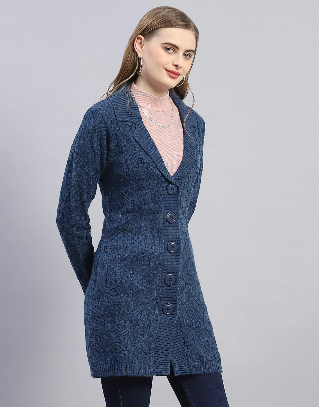 Women Blue Solid Lapel Collar Full Sleeve Cardigan - Image 4