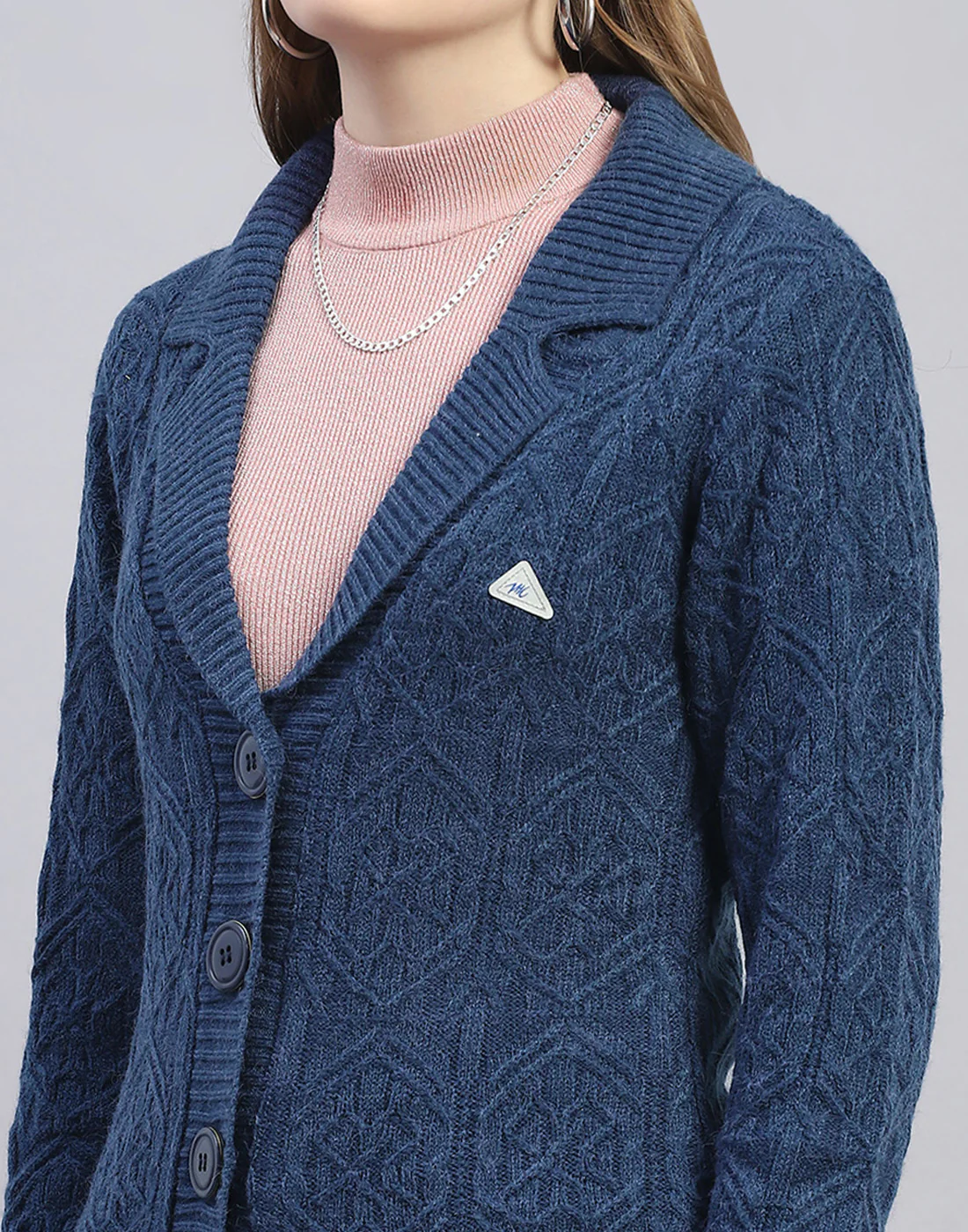 Women Blue Solid Lapel Collar Full Sleeve Cardigan - Image 7