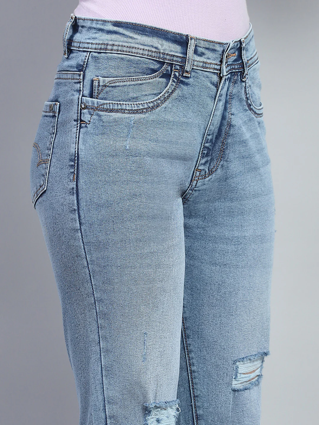 Women Blue Solid Mild Distressed Straight Fit Denim - Image 6