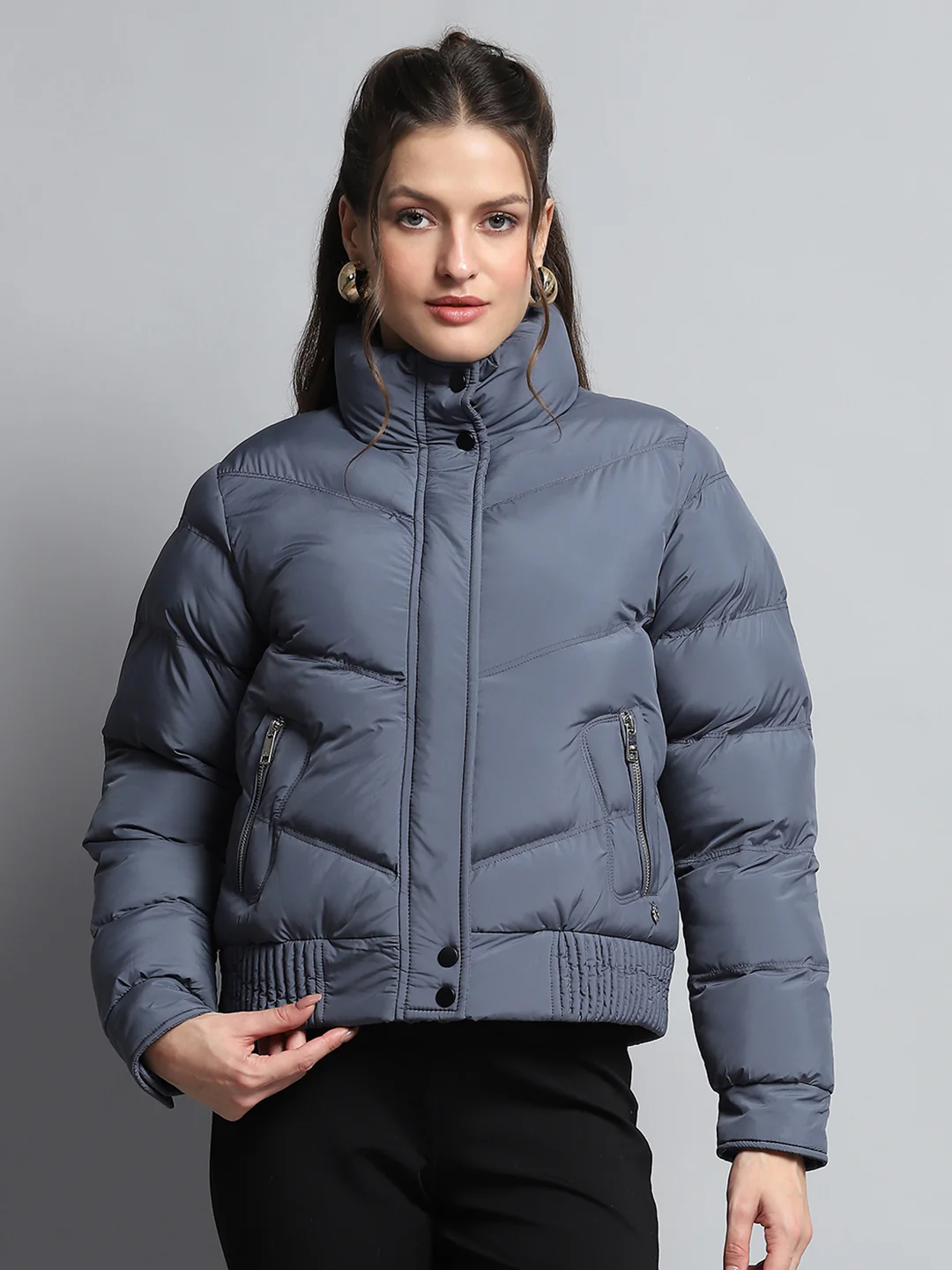 Women Blue Solid Mock Neck Full Sleeve Jacket