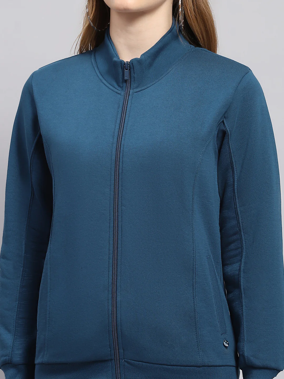 Women Blue Solid Mock Neck Full Sleeve Sweatshirt - Image 6