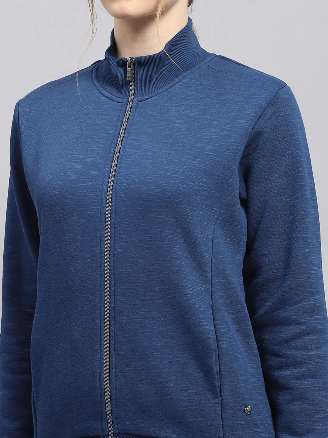 Women Blue Solid Mock Neck Full Sleeve Sweatshirt - Image 7