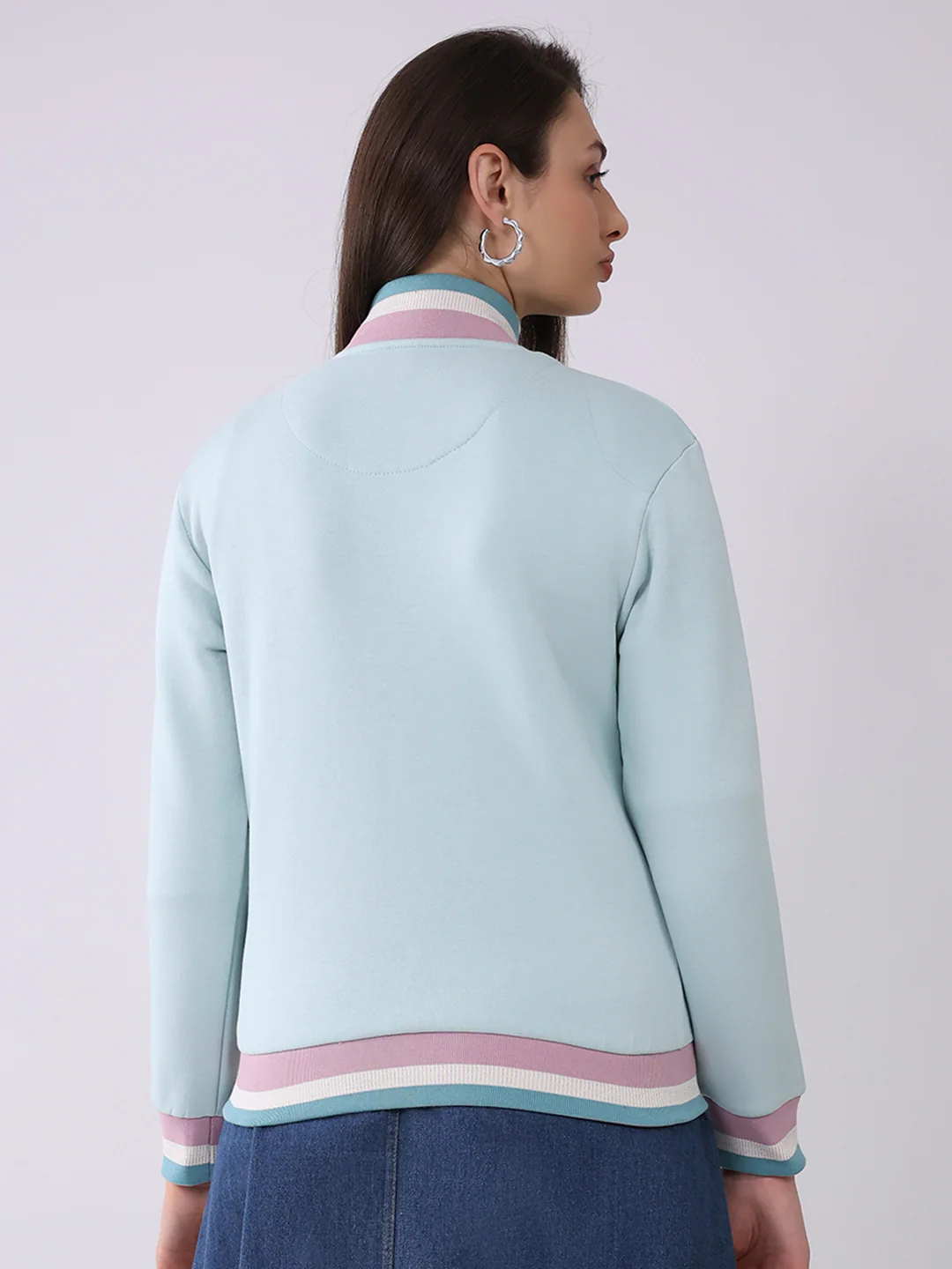 Women Blue Solid Mock Neck Full Sleeve Sweatshirt - Image 5