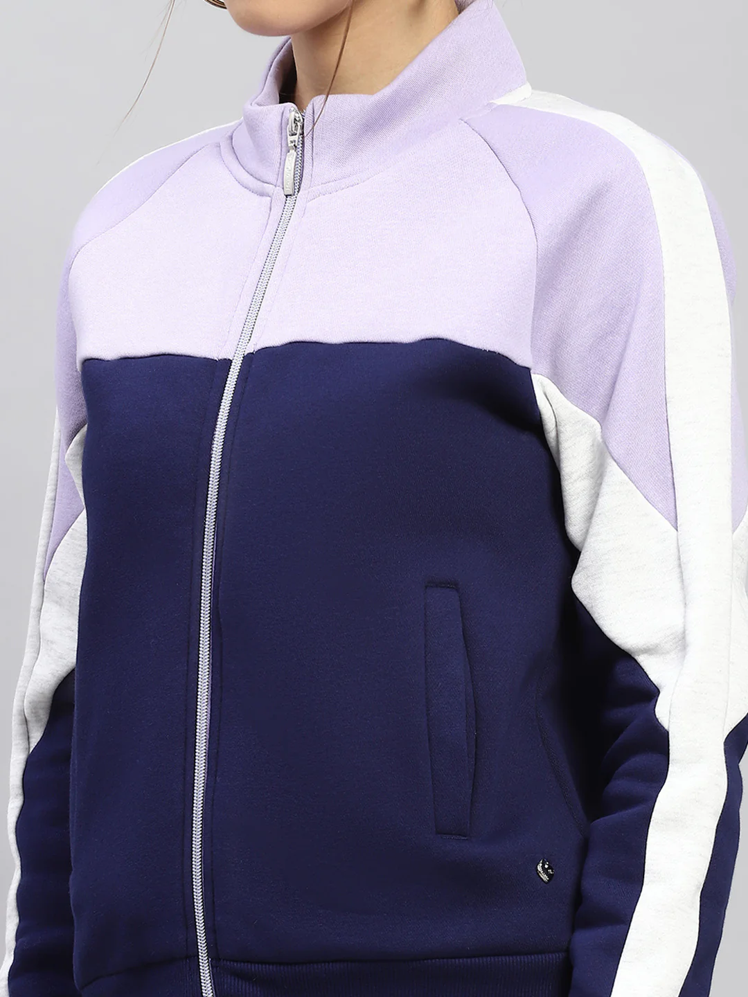 Women Blue Solid Mock Neck Full Sleeve Tracksuit - Image 6