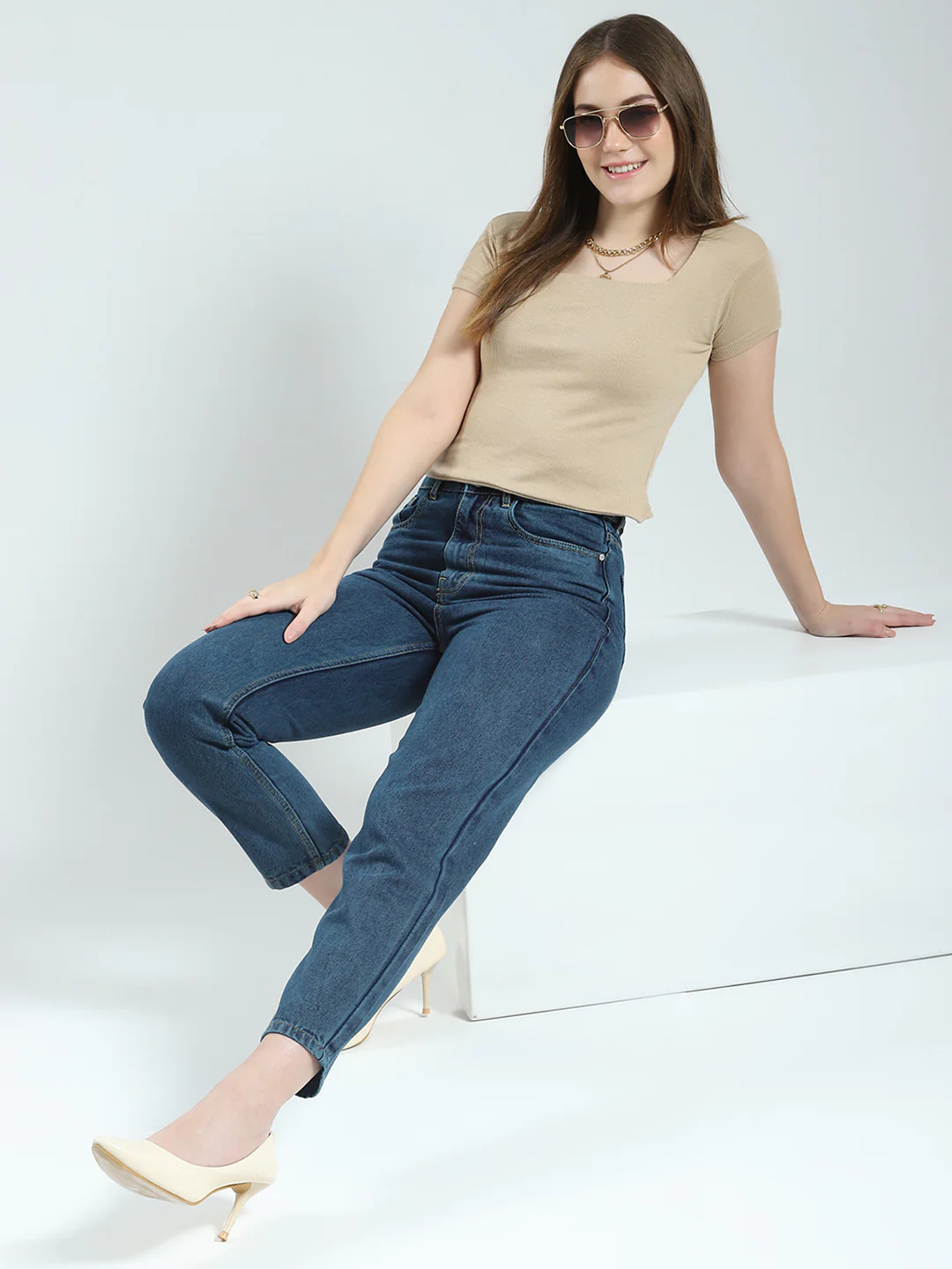 Women Blue Solid Regular Fit Denim - Image 2