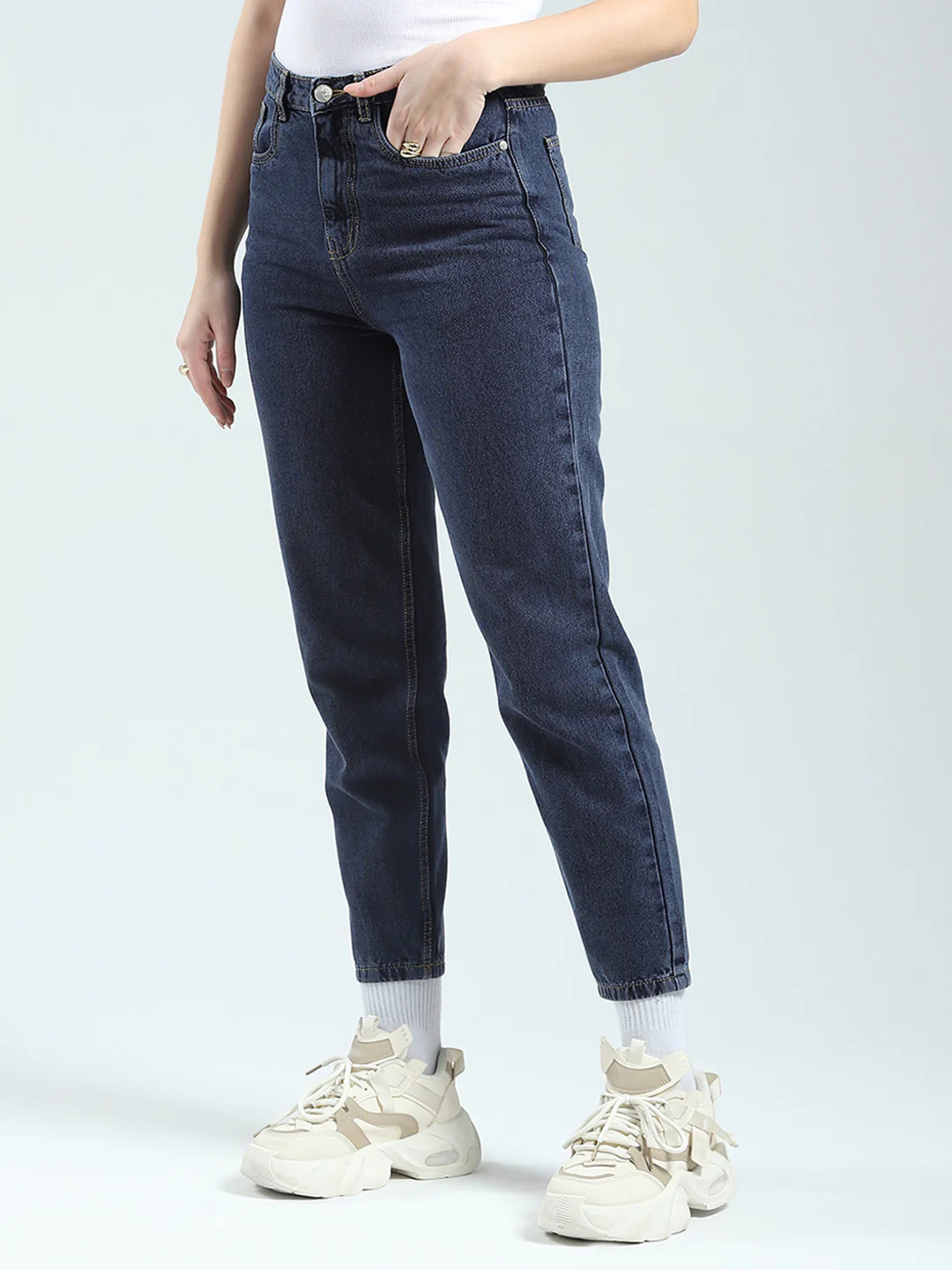 Women Blue Solid Regular Fit Denim - Image 3