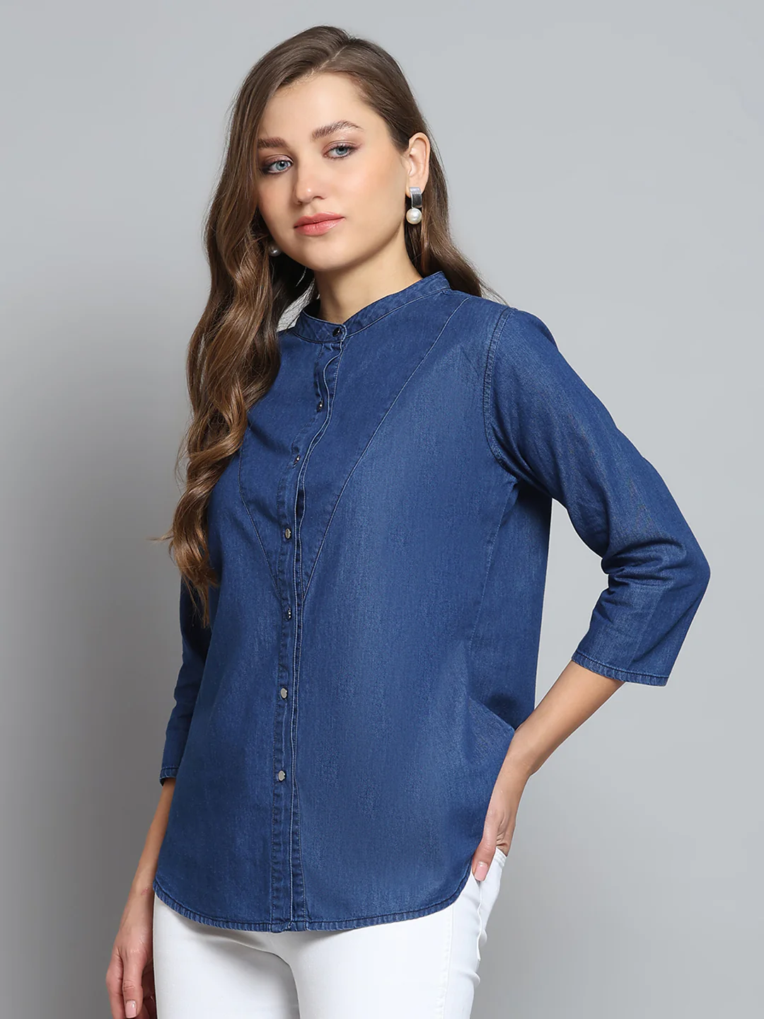 Women Blue Solid Round Neck 3/4th Sleeve Top - Image 3