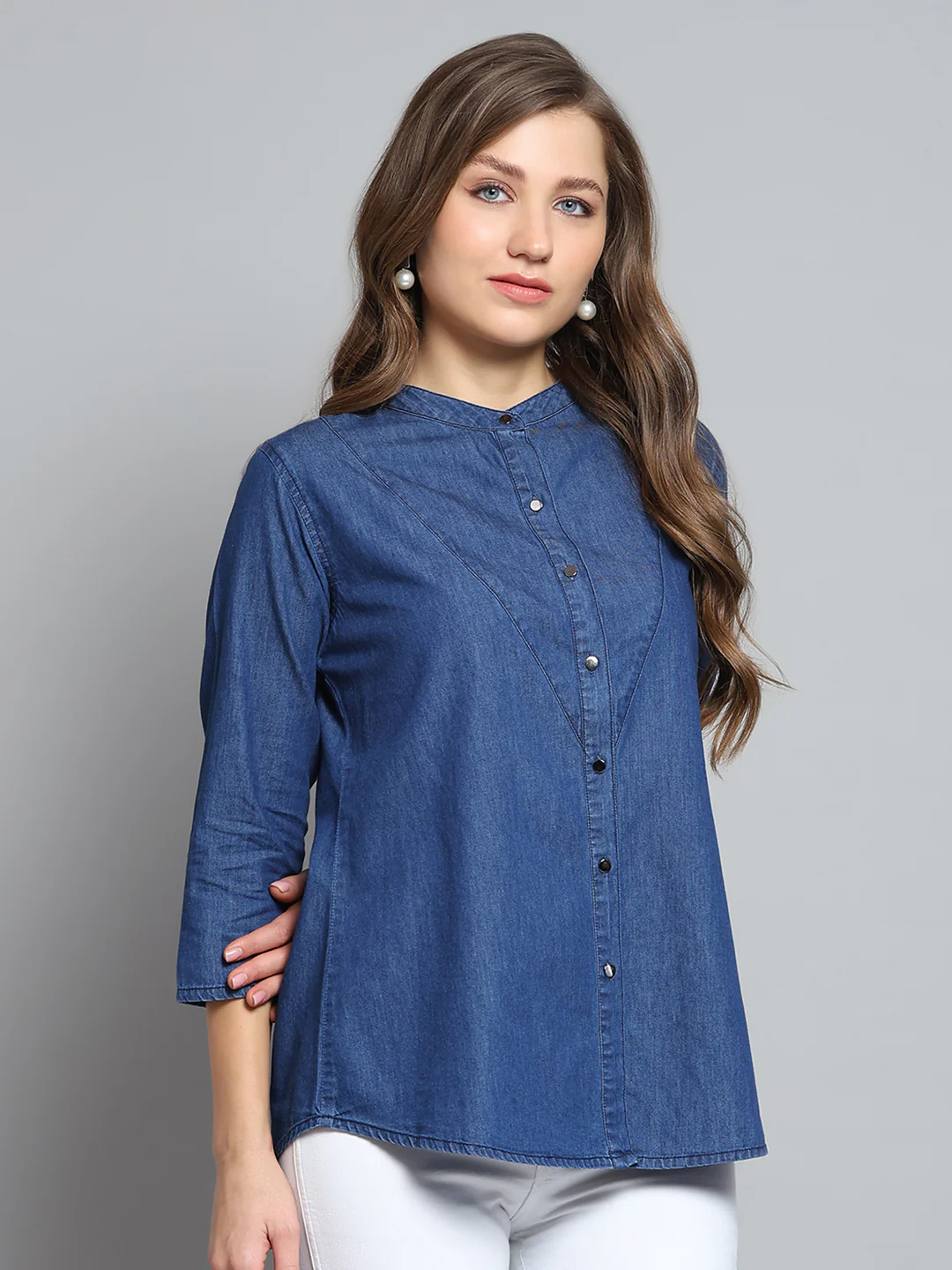 Women Blue Solid Round Neck 3/4th Sleeve Top - Image 4